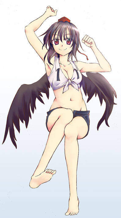 izana minagi, shameimaru aya, touhou, 1girl, barefoot, black wings, breasts, casual, cleavage, female focus, gradient background, grey background, looking at viewer, medium breasts, shorts, simple background, smile, solo, white background, wings