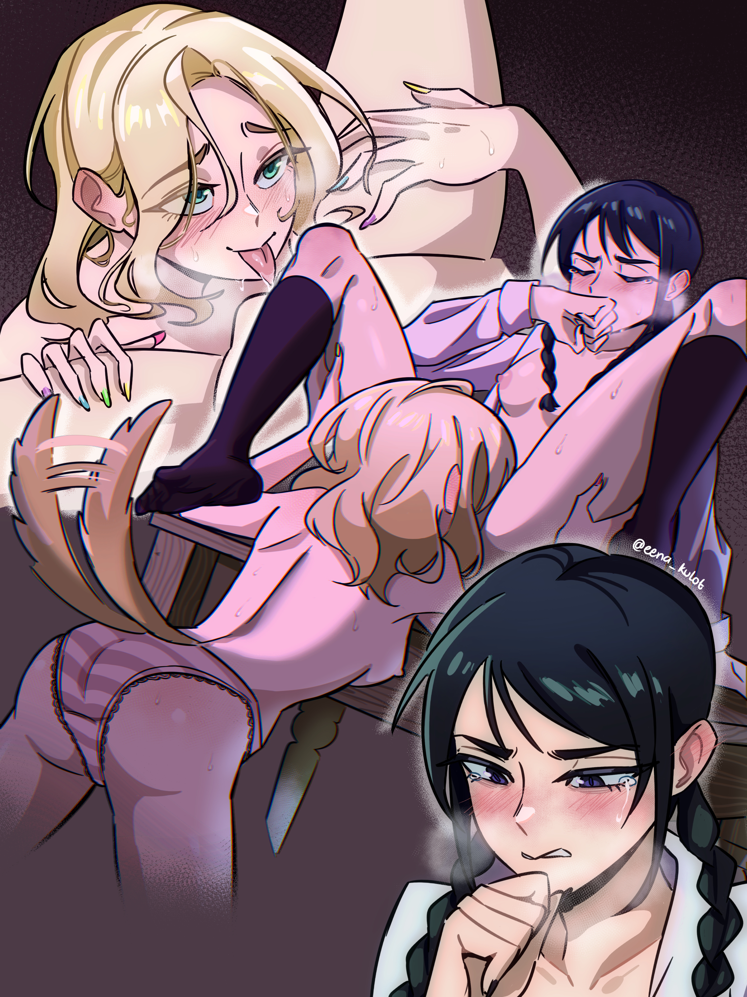 eenakulot, enid sinclair, wednesday addams, addams family, wednesday (netflix), absurdres, commentary, highres, 2girls, between legs, black hair, black socks, blonde hair, blue eyes, blush, bottomless, braid, cellphone, cunnilingus, hand on another's thigh, kneehighs, multicolored nails, multiple girls, nipples, on table, open clothes, open shirt, oral, panties, parted lips, phone, pink panties, purple eyes, smartphone, socks, striped clothes, striped panties, sweat, table, tail, tail wagging, tears, tongue, tongue out, topless female, twin braids, underwear, yuri