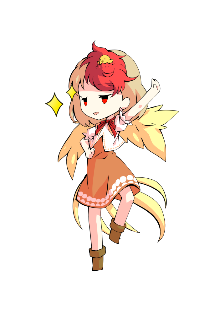 dairi, niwatari kutaka, touhou, commentary request, large variant set, variant set, 1girl, animal, animal on head, baby animal, bird, bird tail, blonde hair, boots, brown boots, chibi, chibi only, chick, dress, feathered wings, full body, multicolored hair, neckerchief, on head, orange dress, puffy short sleeves, puffy sleeves, red hair, red neckerchief, shirt, short hair, short sleeves, solo, standing, standing on one leg, tachi-e, tail, transparent background, two-tone hair, white shirt, wings
