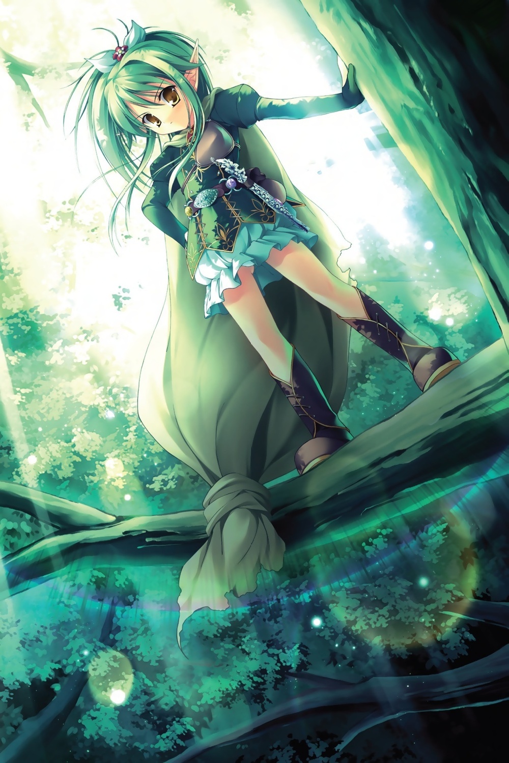 eternal fantasy, highres, 1girl, boots, cape, elf, fantasy, female focus, forest, green hair, hair ornament, in tree, long hair, miniskirt, nature, pointy ears, skirt, solo, standing, tree, yellow eyes