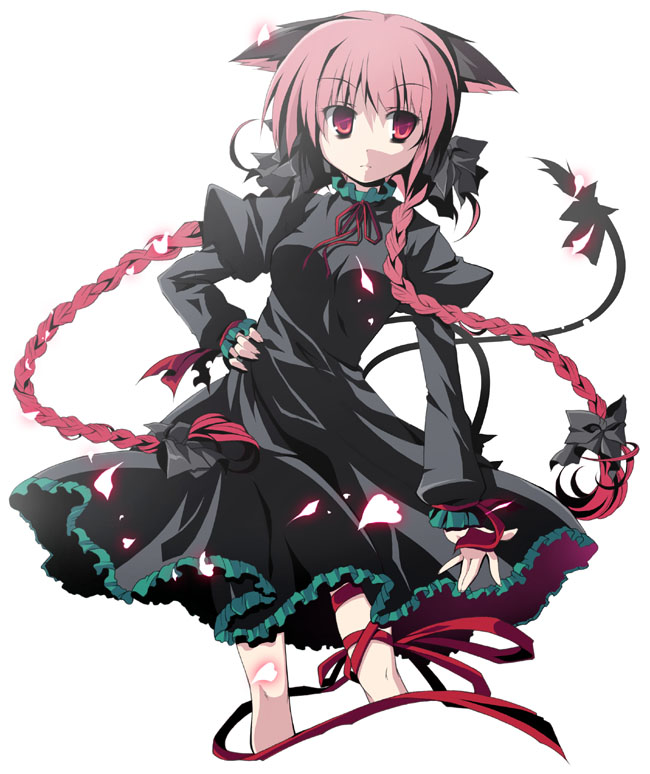utsurogi angu, kaenbyou rin, touhou, bad id, bad pixiv id, 1girl, animal ears, braid, dress, female focus, frills, leg ribbon, long hair, red eyes, red hair, ribbon, solo, tail, tail ornament, tail ribbon, thigh ribbon, twin braids, utsugiangu, very long hair