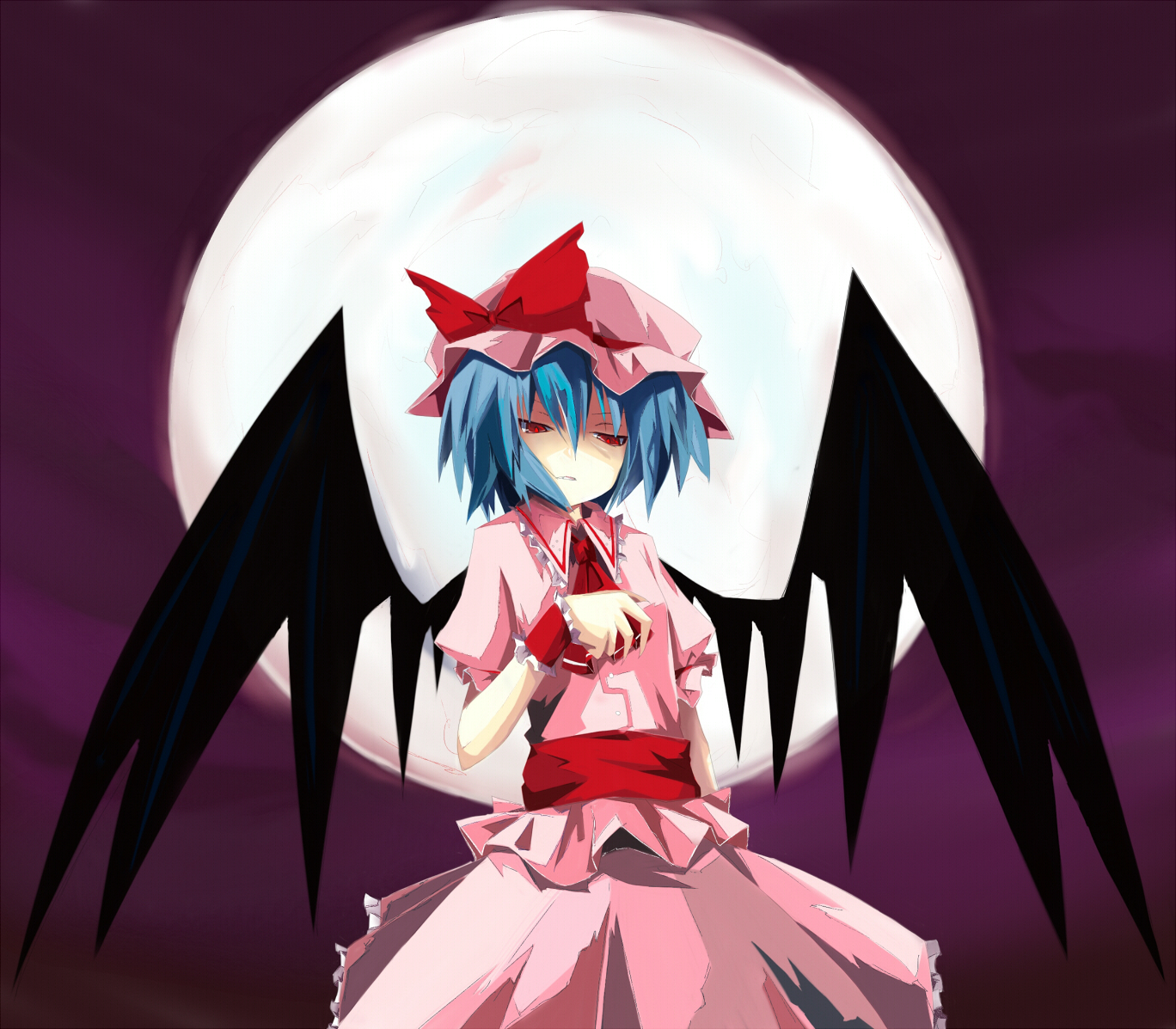 kitsune (artist), kitsune (scaz), remilia scarlet, touhou, 1girl, female focus, gradient background, hat, outdoors, skirt, sky, solo, wings