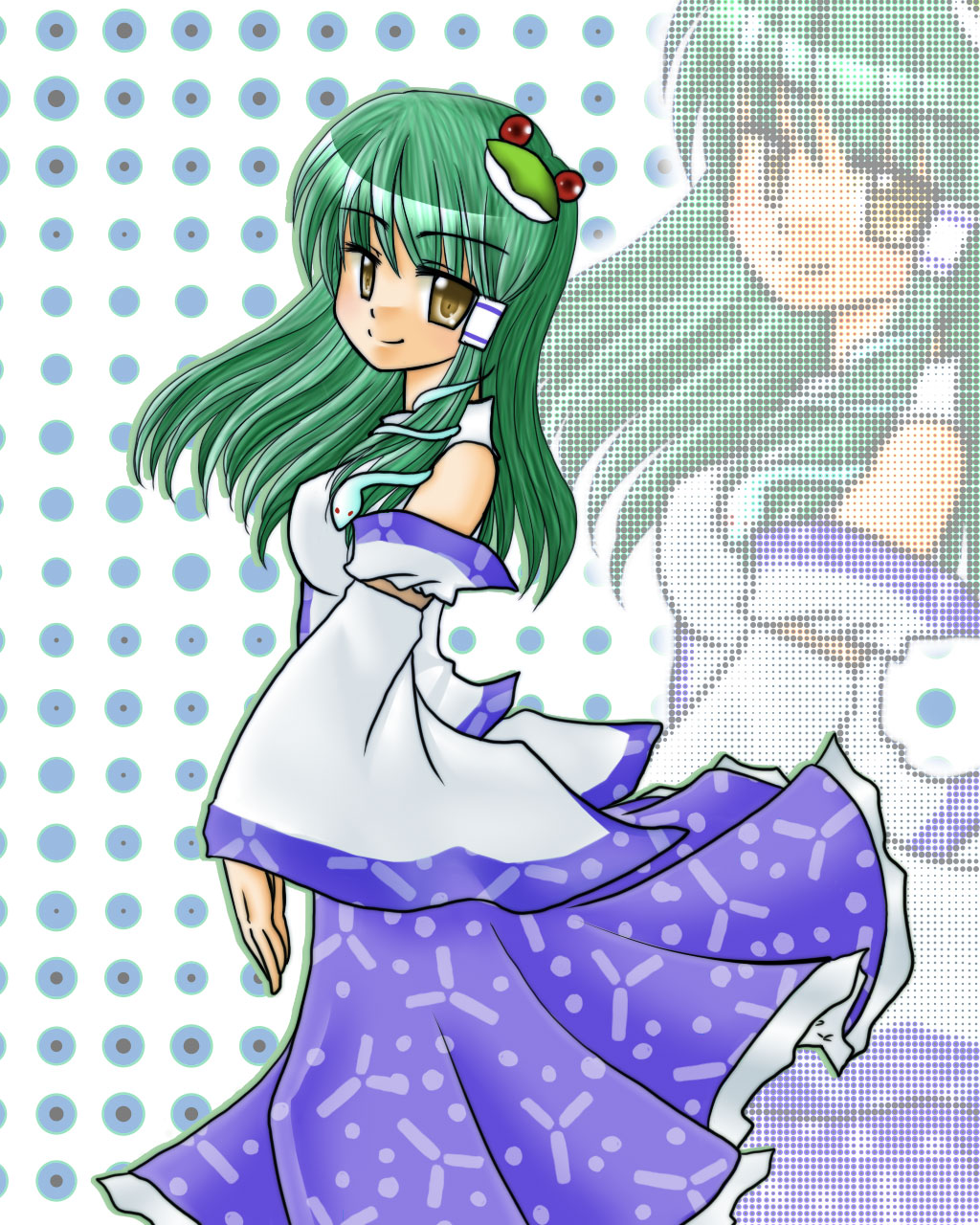 suou asuka, kochiya sanae, touhou, highres, 1girl, blue skirt, blush, brown eyes, detached sleeves, female focus, frog, green hair, long hair, long sleeves, looking at viewer, nontraditional miko, skirt, solo, standing, zoom layer