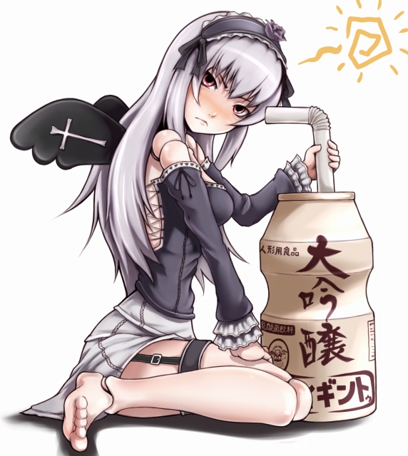 ina (gokihoihoi), suigintou, rozen maiden, yakult, silver hair, 00s, 1girl, barefoot, blush, doll joints, drinking straw, feet, female focus, garter straps, joints, long hair, mini person, minigirl, sitting, solo, wariza, wings