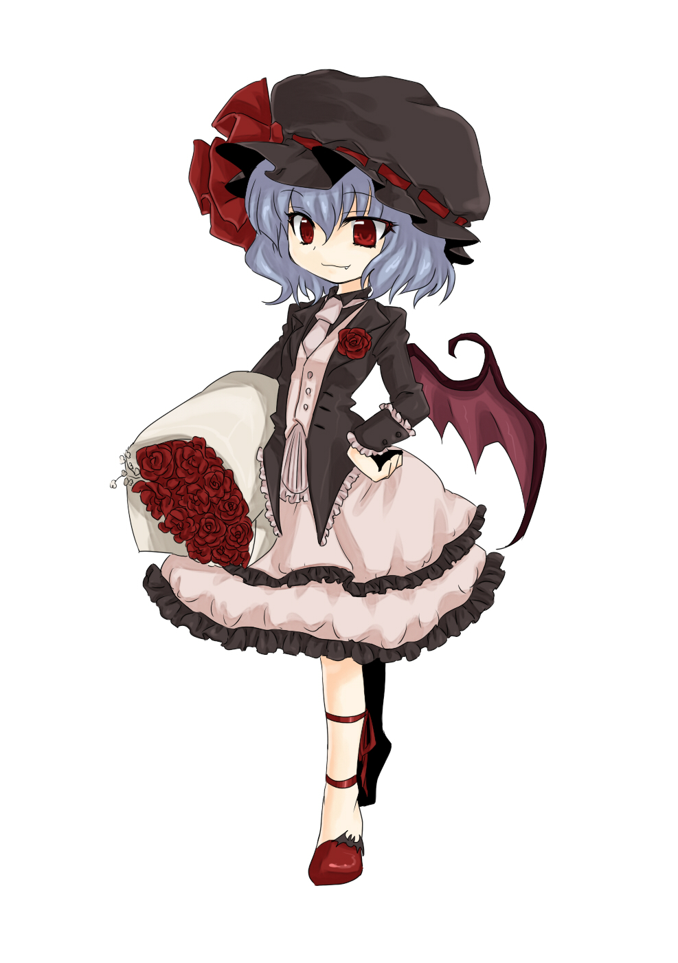 niji (nijioki), remilia scarlet, touhou, bad id, bad pixiv id, highres, 1girl, bouquet, fang, female focus, flower, full body, hat, plant, red eyes, rose, simple background, solo, white background, wings