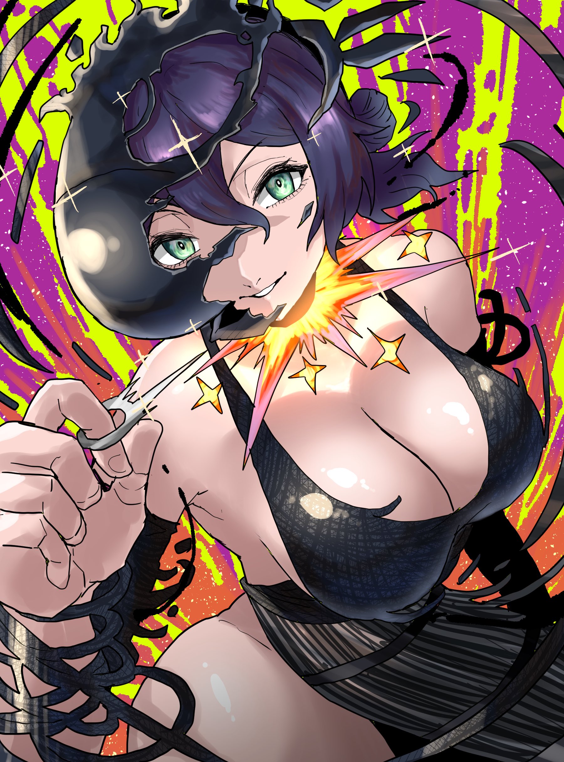 chikoinochi, bomb devil (chainsaw man), reze (chainsaw man), chainsaw man, absurdres, highres, 1girl, apron, black apron, black choker, black gloves, black hair, bomb, breasts, choker, cleavage, discobolus, elbow gloves, explosion, explosion background, explosive, gloves, green eyes, grenade pin, hair between eyes, hair bun, huge breasts, large breasts, looking at viewer, medium hair, pull cord, purple hair, shirt, short hair, single hair bun, sleeveless, smile, solo, teeth, transformation