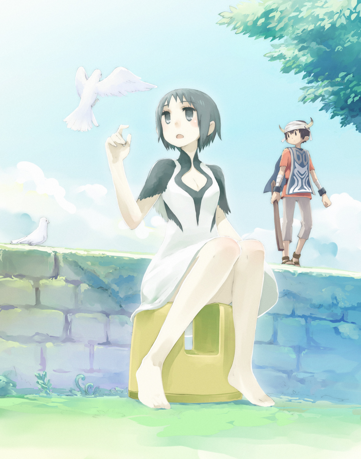 chan co, ico (character), yorda, ico, highres, 1boy, 1girl, barefoot, bird, cloud, day, feet, legs, outdoors, short hair, sitting, sky, sukebe isu, surcoat, tabard, tree