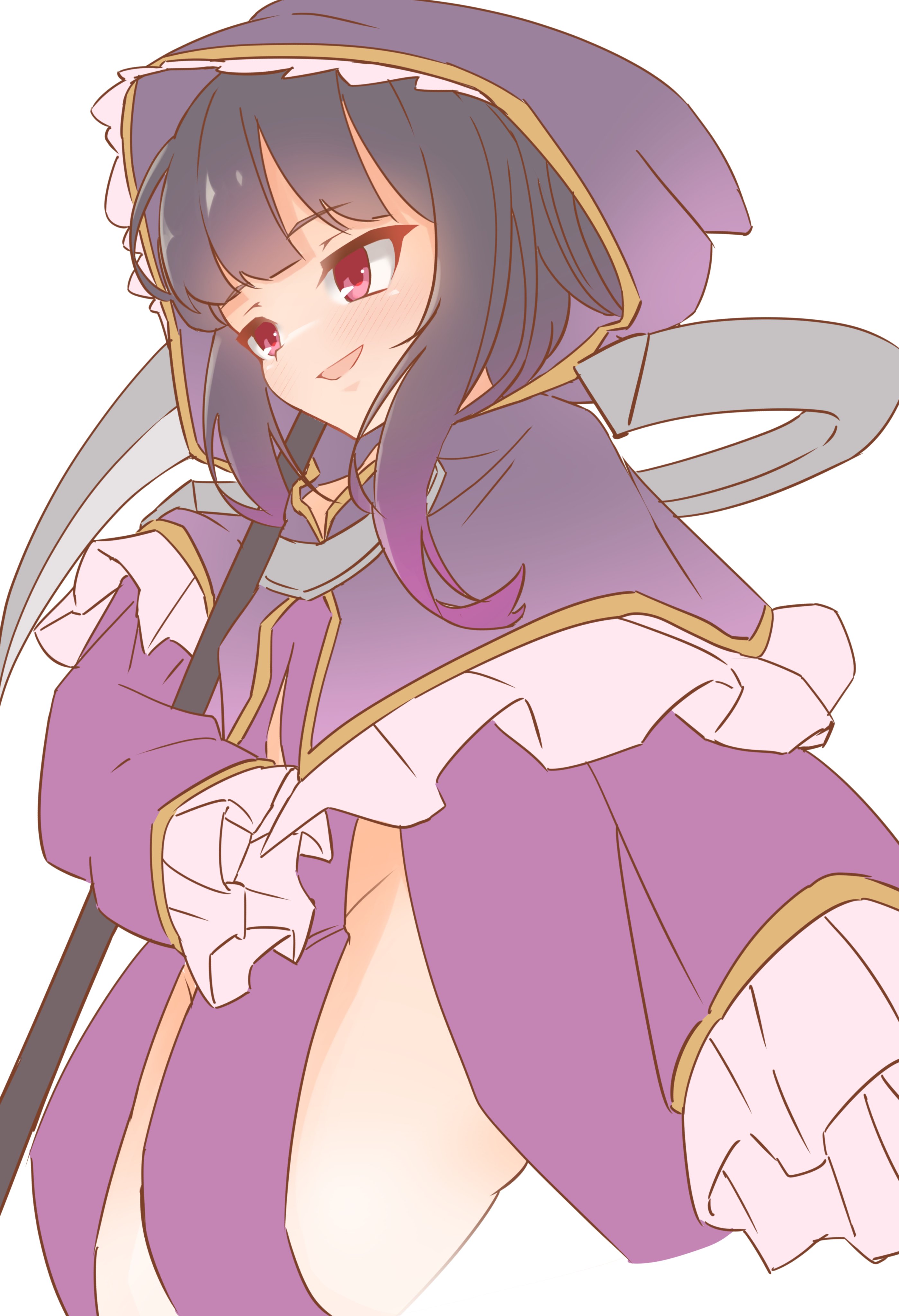 silver-index, death alma, emil chronicle online, absurdres, highres, 1girl, black hair, dress, from side, holding, holding scythe, long sidelocks, no panties, open mouth, purple dress, purple hood, red eyes, scythe, shinigami, side slit, sidelocks, solo, white background