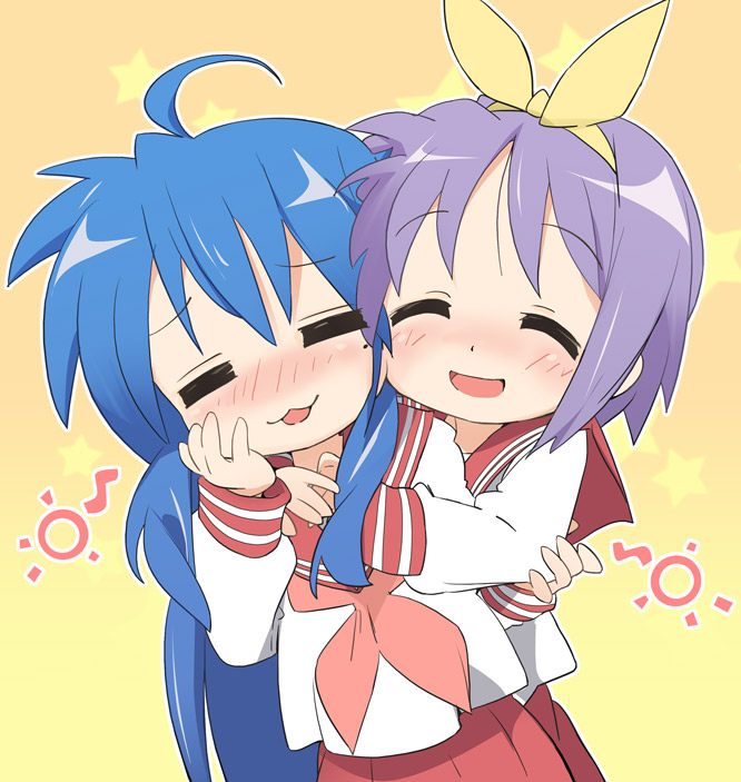 ixy, hiiragi tsukasa, izumi konata, lucky star, 00s, 2girls, blush, hug, mole, mole under eye, multiple girls