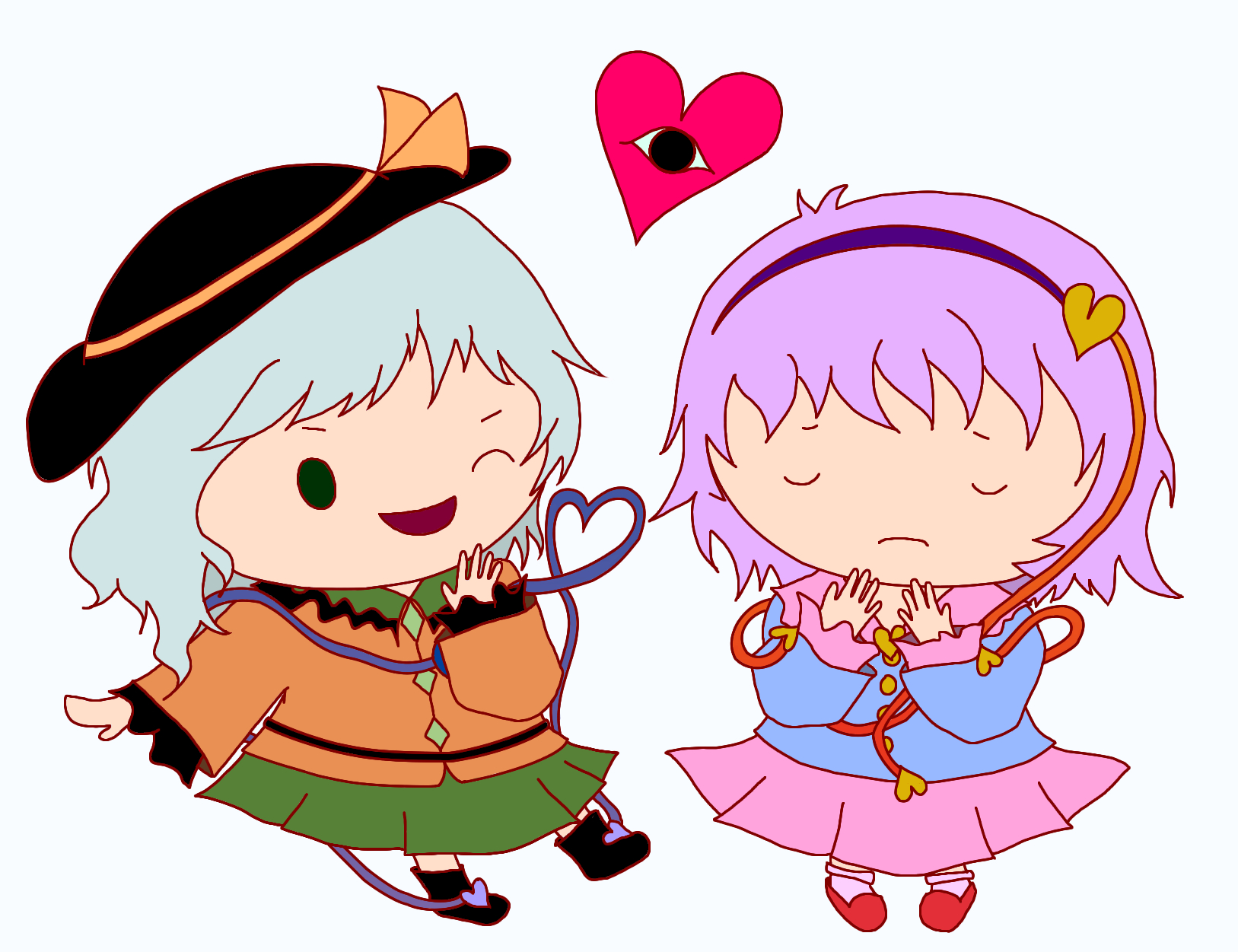 momoko (pixiv219000), komeiji koishi, komeiji satori, touhou, silver hair, highres, md5 mismatch, resolution mismatch, source smaller, 2girls, blouse, bow, female focus, green eyes, hairband, hat, heart, heart of string, multiple girls, purple eyes, purple hair, ribbon, shirt, short hair, siblings, sisters, yellow bow, yellow shirt