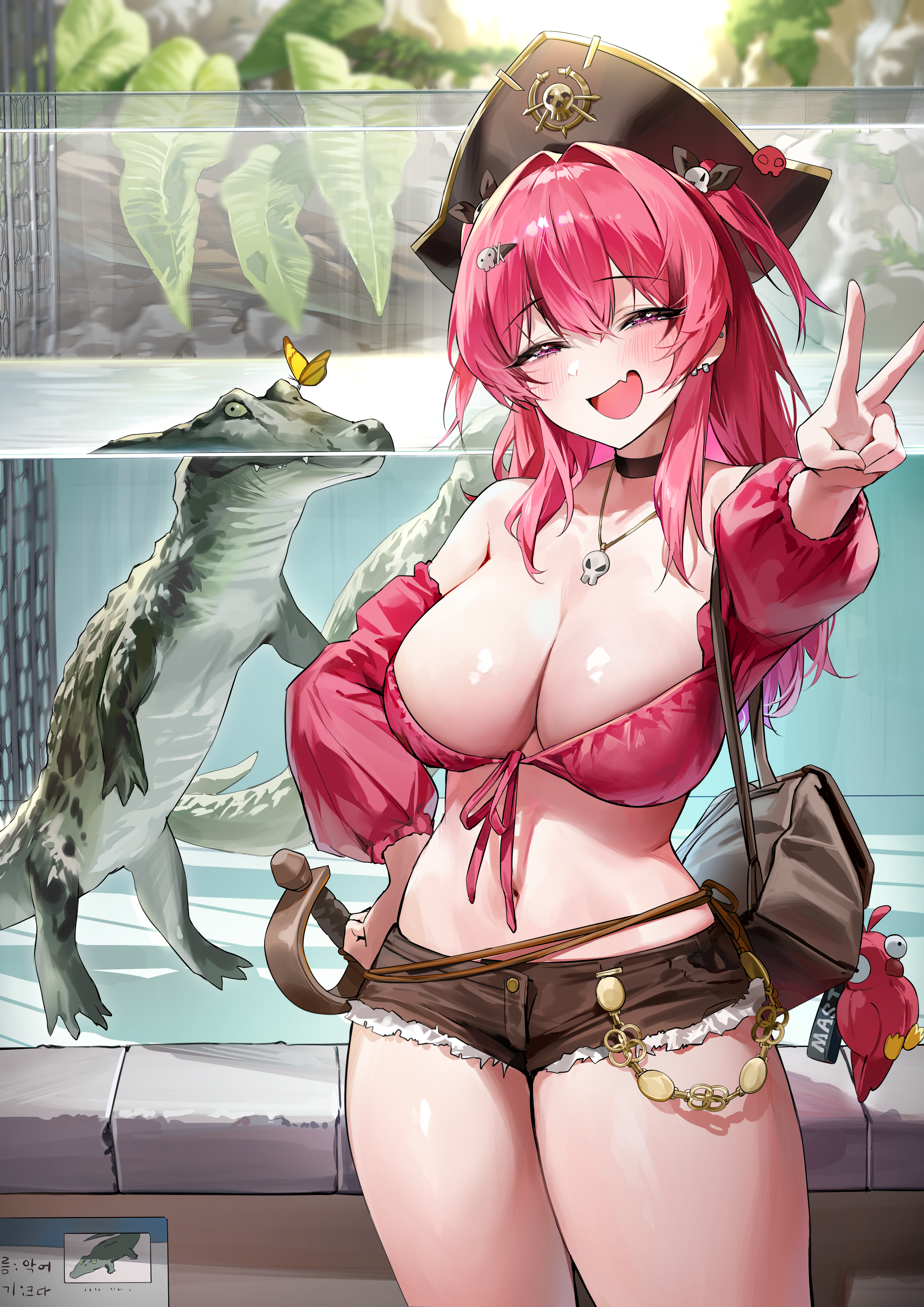 murabana44, mast (nikke), goddess of victory: nikke, absurdres, commentary request, highres, 1girl, alternate costume, black corset, breasts, corset, crocodile, crocodilian, fang, hat, hat ornament, jewelry, navel, necklace, pirate hat, skin fang, skull hat ornament, skull necklace, solo