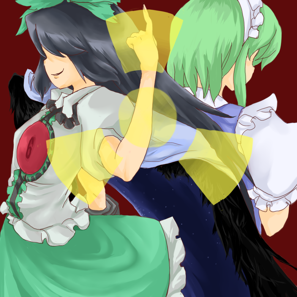 eke, reiuji utsuho, ruukoto, phantasmagoria of dim.dream, touhou, touhou (pc-98), silver hair, 2girls, black hair, bow, circled 6, female focus, green hair, hair bow, long hair, maid, maid headdress, multiple girls, radiation symbol, ribbon, short hair, skirt, smirk, third eye, wings