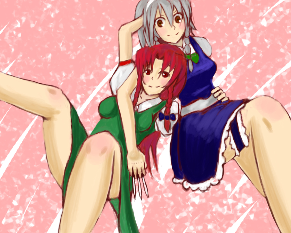 usotsuki (eroringo), hong meiling, izayoi sakuya, embodiment of scarlet devil, touhou, silver hair, 2girls, blush, breasts, female focus, knife, long hair, multiple girls, red eyes, red hair, ribbon, short hair, throwing knife, weapon
