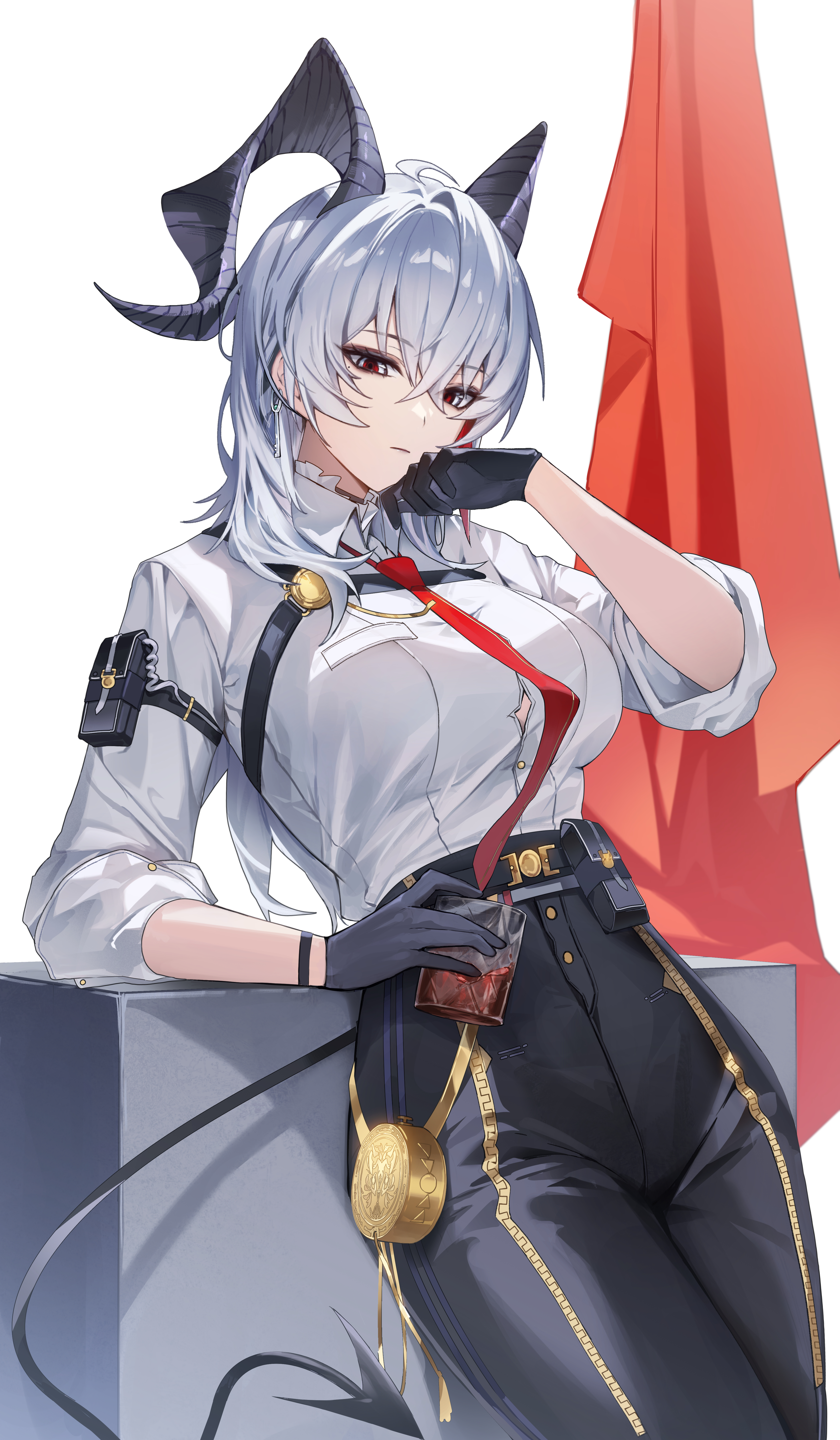 jira (0116), zani (wuthering waves), wuthering waves, absurdres, commentary, highres, revision, 1girl, ahoge, arm pouch, black eyes, black gloves, black horns, black pants, black tail, breasts, button gap, chest harness, closed mouth, cowboy shot, cup, curled horns, demon tail, drinking glass, earrings, gloves, grey hair, hand up, harness, high-waist pants, holding, holding cup, horns, jewelry, key earrings, large breasts, long hair, looking at viewer, mole, mole under eye, multicolored eyes, multicolored hair, necktie, no jacket, pants, pouch, red eyes, red necktie, shirt, shirt tucked in, solo, streaked hair, tail, two-tone eyes, white shirt