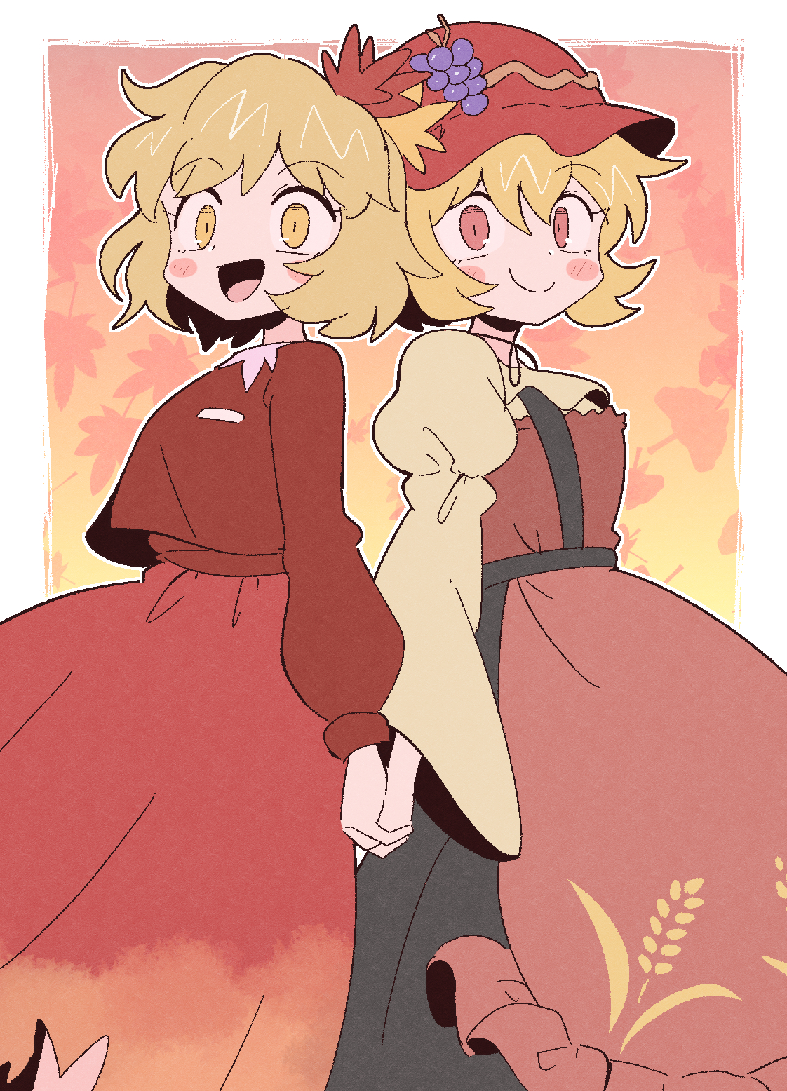 kurachi mizuki, aki minoriko, aki shizuha, touhou, highres, 2girls, apron, black skirt, blonde hair, grape hat ornament, hat, looking at viewer, multiple girls, red apron, red eyes, red hat, red shirt, red skirt, shirt, short hair, skirt, smile, yellow eyes, yellow shirt