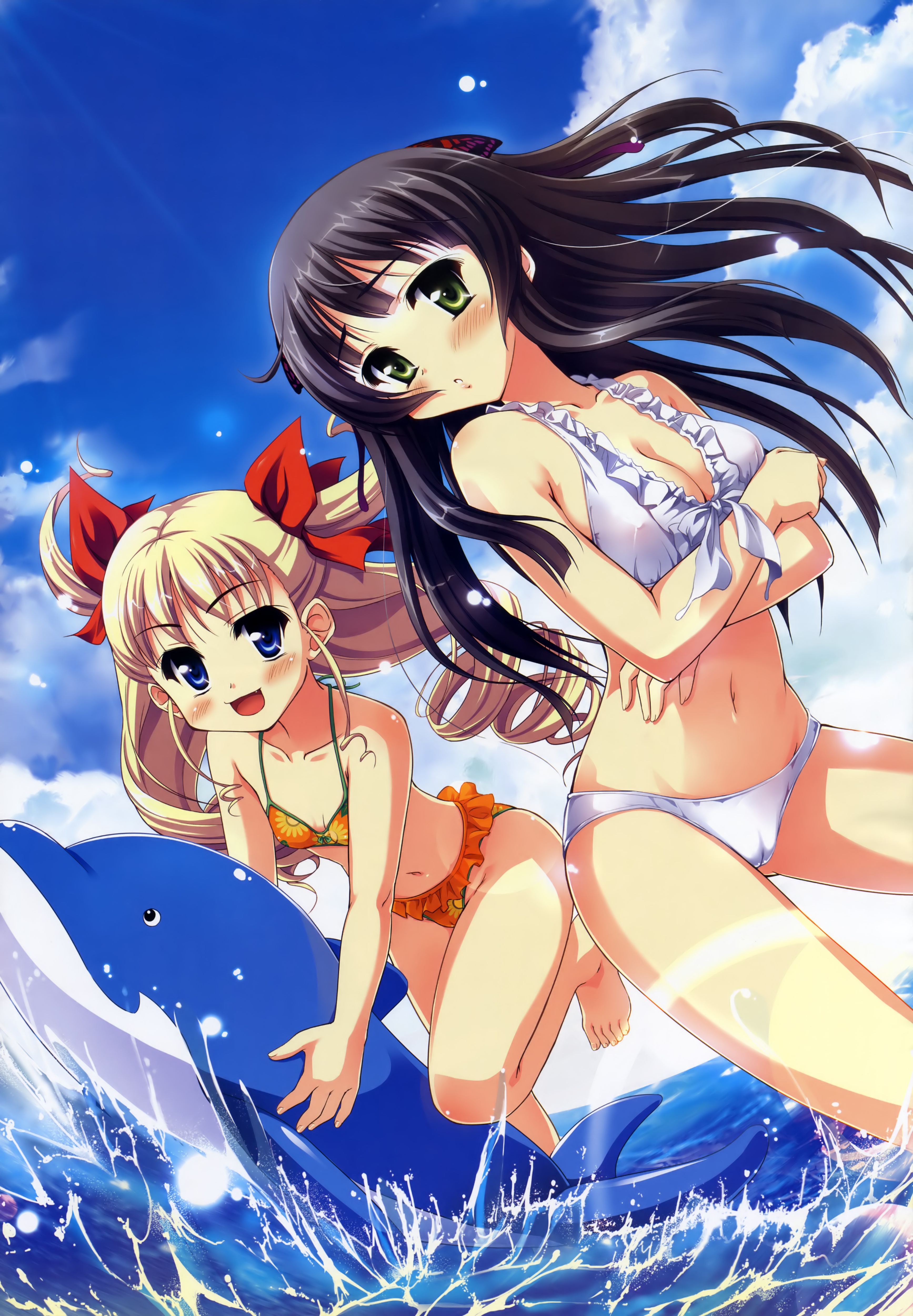 tougarashi hideyu, asagiri itsuki, kisai rurika, dengeki hime, kiss yori saki ni koi yori hayaku, breast hold, absurdres, highres, 1990s (style), 2girls, bikini, black hair, blonde hair, blue eyes, blush, breasts, cameltoe, cleavage, cloud, covered erect nipples, day, dolphin, drill hair, fang, feet, green eyes, hair ribbon, long hair, medium breasts, midriff, multiple girls, navel, ocean, outdoors, retro artstyle, ribbon, sky, standing, swimsuit, toes, water, white bikini