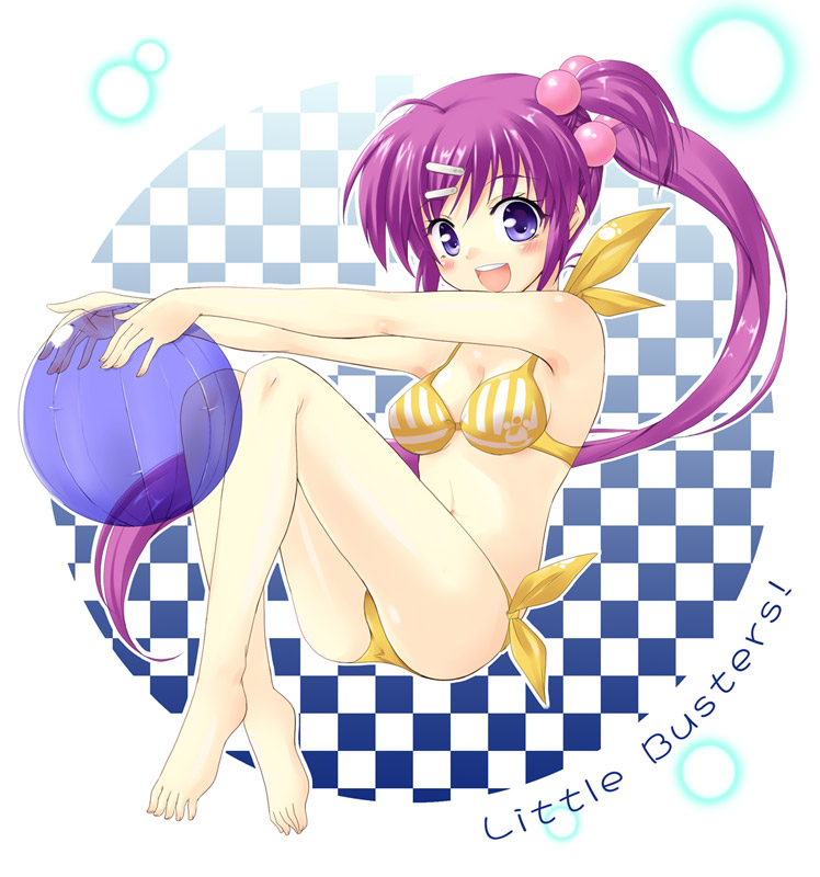 azuma ezu, saigusa haruka, little busters!, 1girl, ball, barefoot, beachball, bikini, feet, female focus, hair ornament, long hair, open mouth, purple eyes, purple hair, side ponytail, smile, solo, swimsuit, very long hair, yellow bikini