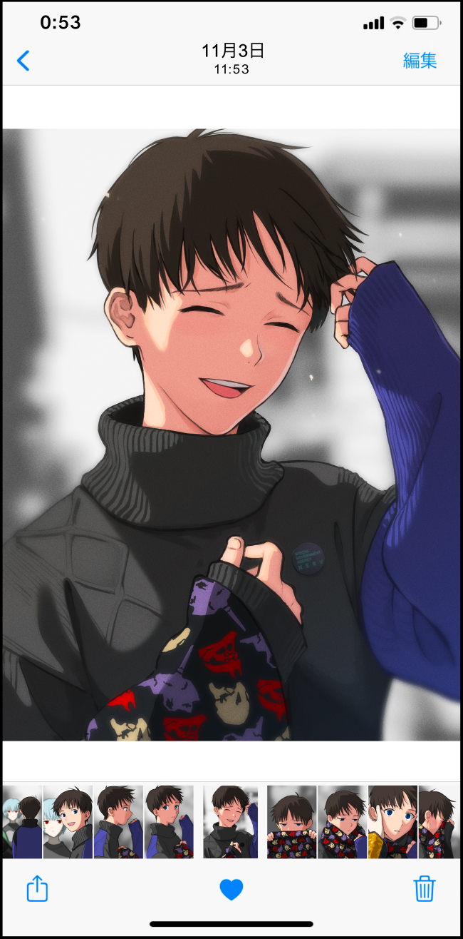 kannunu, ayanami rei, ikari shinji, neon genesis evangelion, commentary request, highres, 1boy, 1girl, alternate costume, brown hair, closed mouth, fake phone screenshot, fake screenshot, high collar, long sleeves, male focus, open mouth, short hair, solo focus, teeth, tongue, upper body, upper teeth only