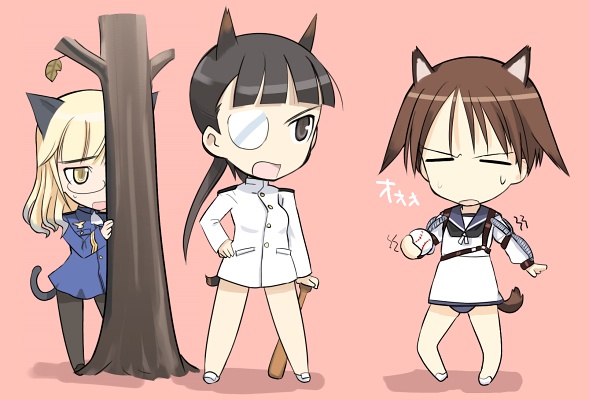 shimada fumikane, shinhaisyoku, miyafuji yoshika, perrine h. clostermann, sakamoto mio, strike witches, world witches series, bad id, bad pixiv id, 00s, 3girls, animal ears, baseball, baseball bat, chibi, friend zone, multiple girls, pantyhose