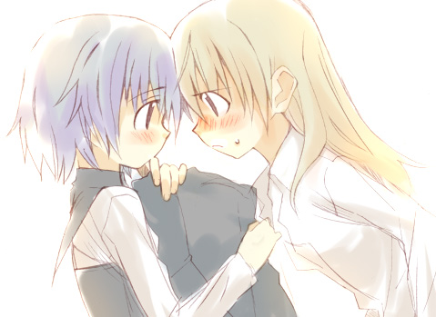 sakugo, eila ilmatar juutilainen, sanya v. litvyak, strike witches, world witches series, light brown hair, silver hair, lowres, 00s, 2girls, blonde hair, blush, couple, embarrassed, eye contact, long hair, looking at another, multiple girls, short hair, sweat, yuri