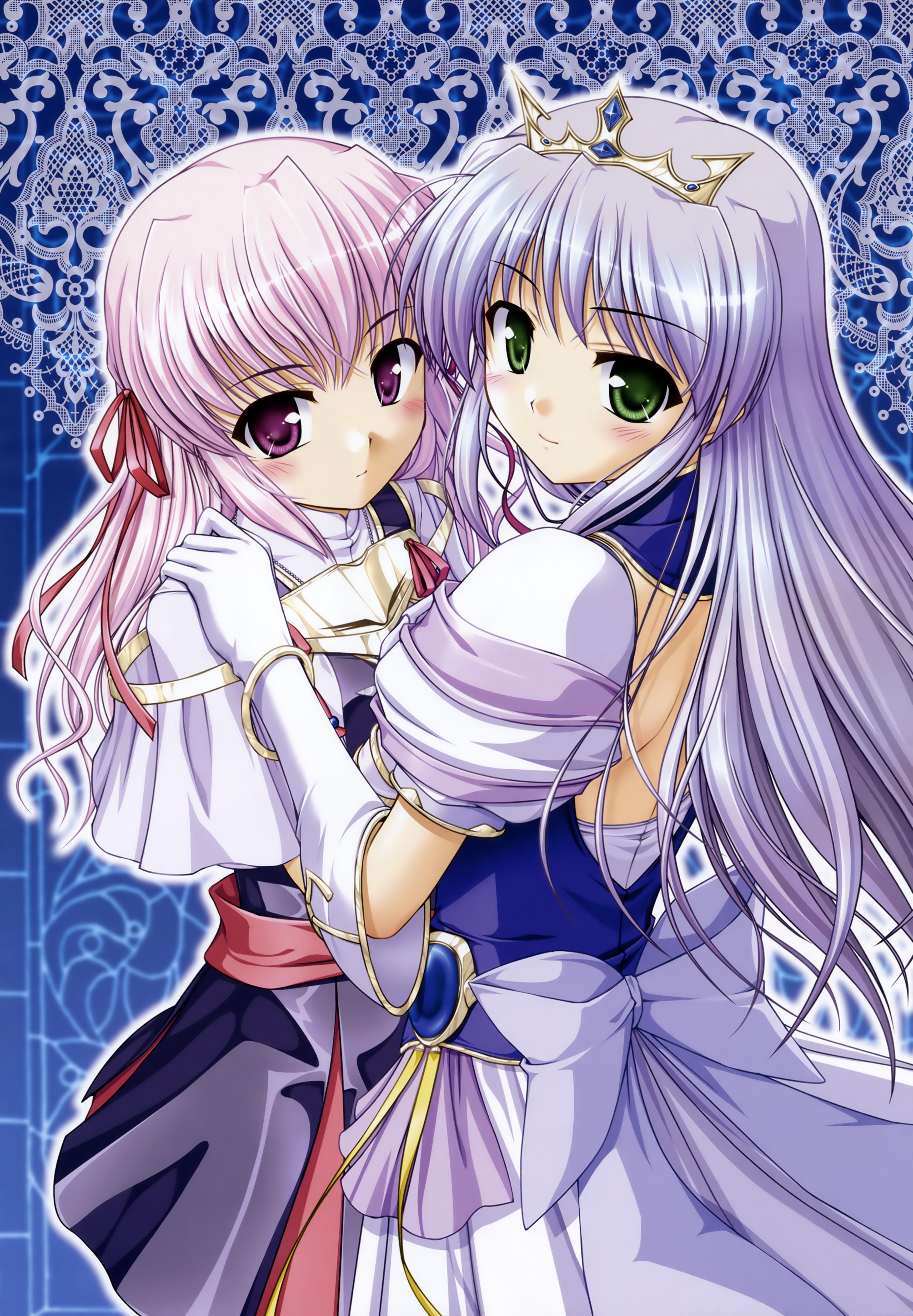 bekkankou, estel freesia, feena fam earthlight, yoake mae yori ruri iro na, absurdres, highres, 2girls, blush, bow, bracelet, crown, dress, elbow gloves, gloves, green eyes, hair ribbon, hat, hug, jewelry, long hair, looking back, multiple girls, pink hair, purple eyes, purple hair, ribbon, smile, tiara