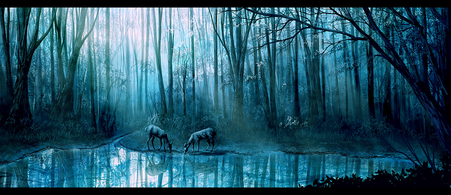 isobe toast, bad id, blue theme, deer, forest, lake, landscape, nature, no humans, photorealistic, pond, realistic, reflection, reflective water, scenery, water