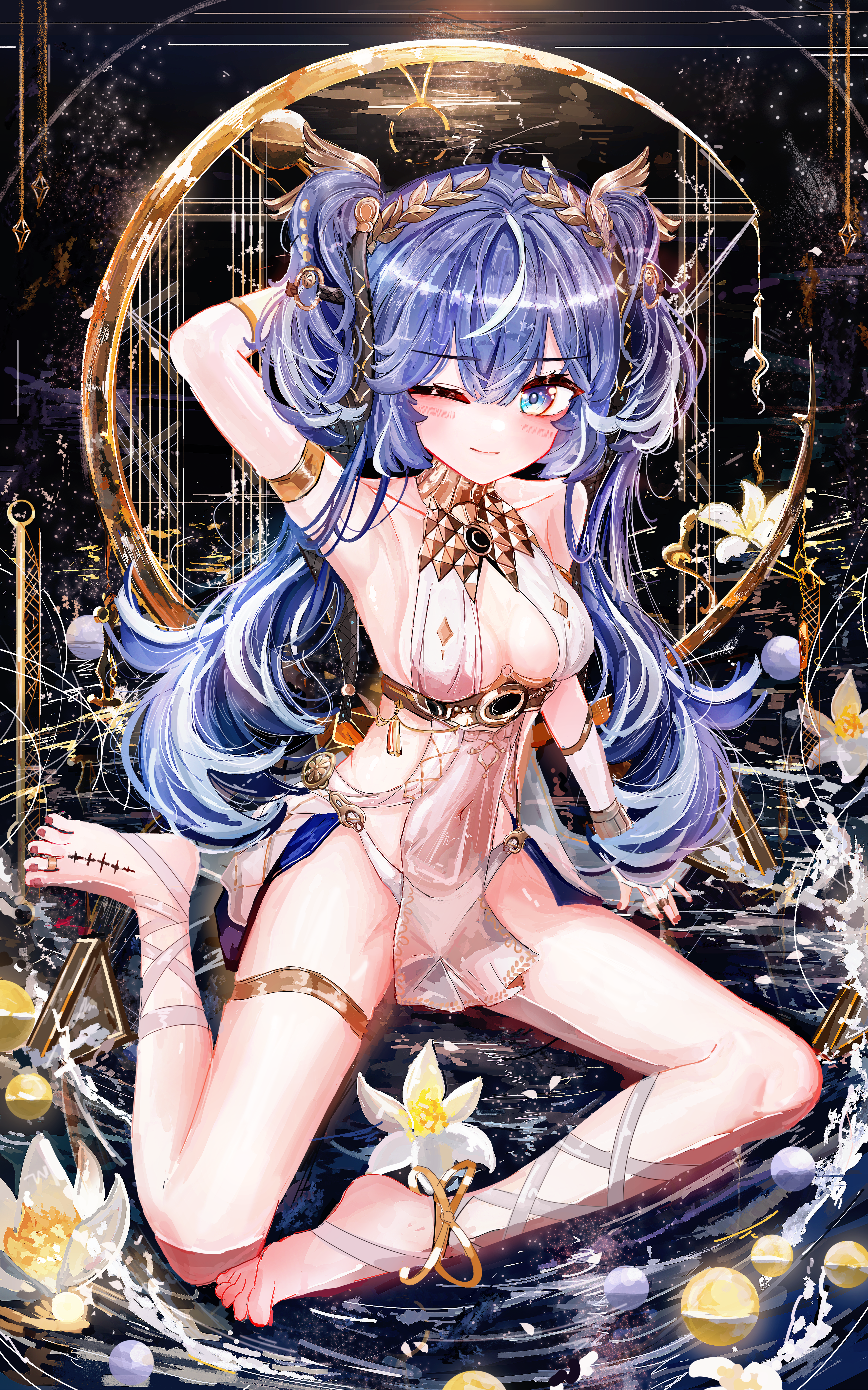aiu ., iuno (wuthering waves), wuthering waves, absurdres, commentary request, highres, 1girl, arm behind head, arm up, armlet, bare shoulders, barefoot, blue eyes, blue hair, blush, breasts, cleavage, closed mouth, feet, hair belt, head wreath, jewelry, leg wrap, long hair, looking at viewer, medium breasts, multicolored hair, navel, one eye closed, sitting, smile, solo, streaked hair, tacet mark (wuthering waves), thighlet, thighs, toe ring, toes, twintails, very long hair