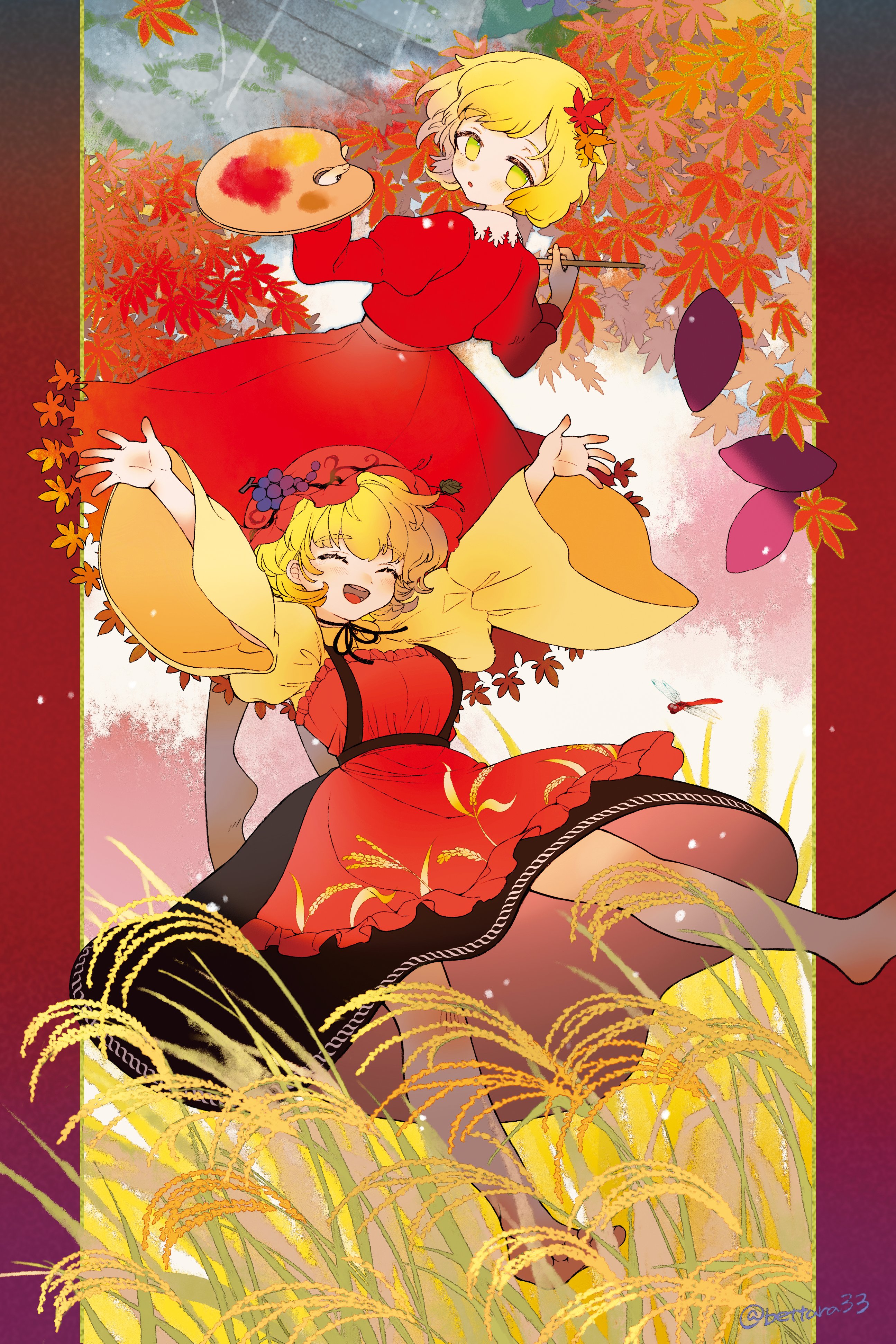 ryuuta (akatukiryoka), aki minoriko, aki shizuha, absurdres, highres, 2girls, apron, barefoot, black skirt, blonde hair, closed eyes, food, grape hat ornament, hat, leaf, looking at viewer, maple leaf, multiple girls, open mouth, red apron, red hat, red shirt, red skirt, shirt, skirt, smile, sweet potato, wheat, yellow eyes