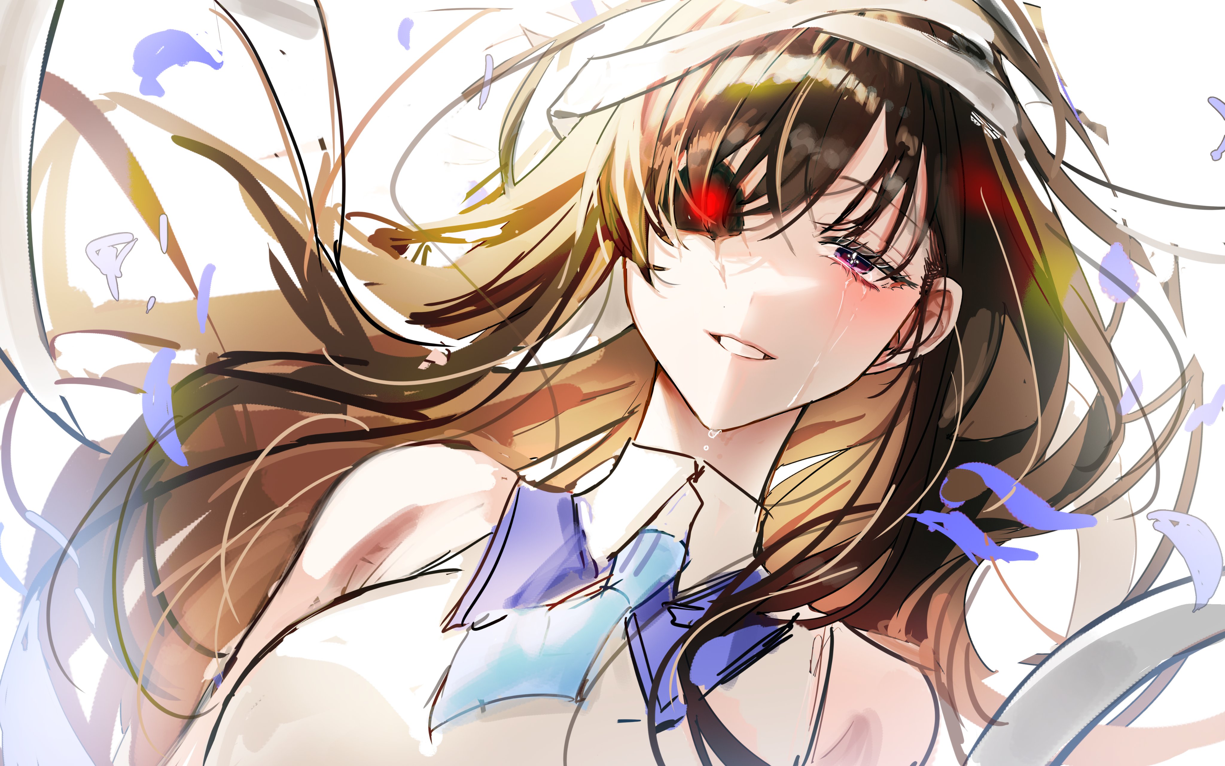 someang, marian (nikke), goddess of victory: nikke, absurdres, highres, 1girl, bandaged head, bandages, blue necktie, collared shirt, damaged, necktie, shirt, short necktie, single mechanical eye, sleeveless, sleeveless shirt, smile, solo, tears, upper body, white shirt