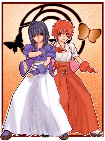 hikari (rumble fish), kaya (rumble fish), the rumble fish, lowres, bob cut, gloves, hakama, hakama skirt, japanese clothes, red hair, siblings, sisters, skirt