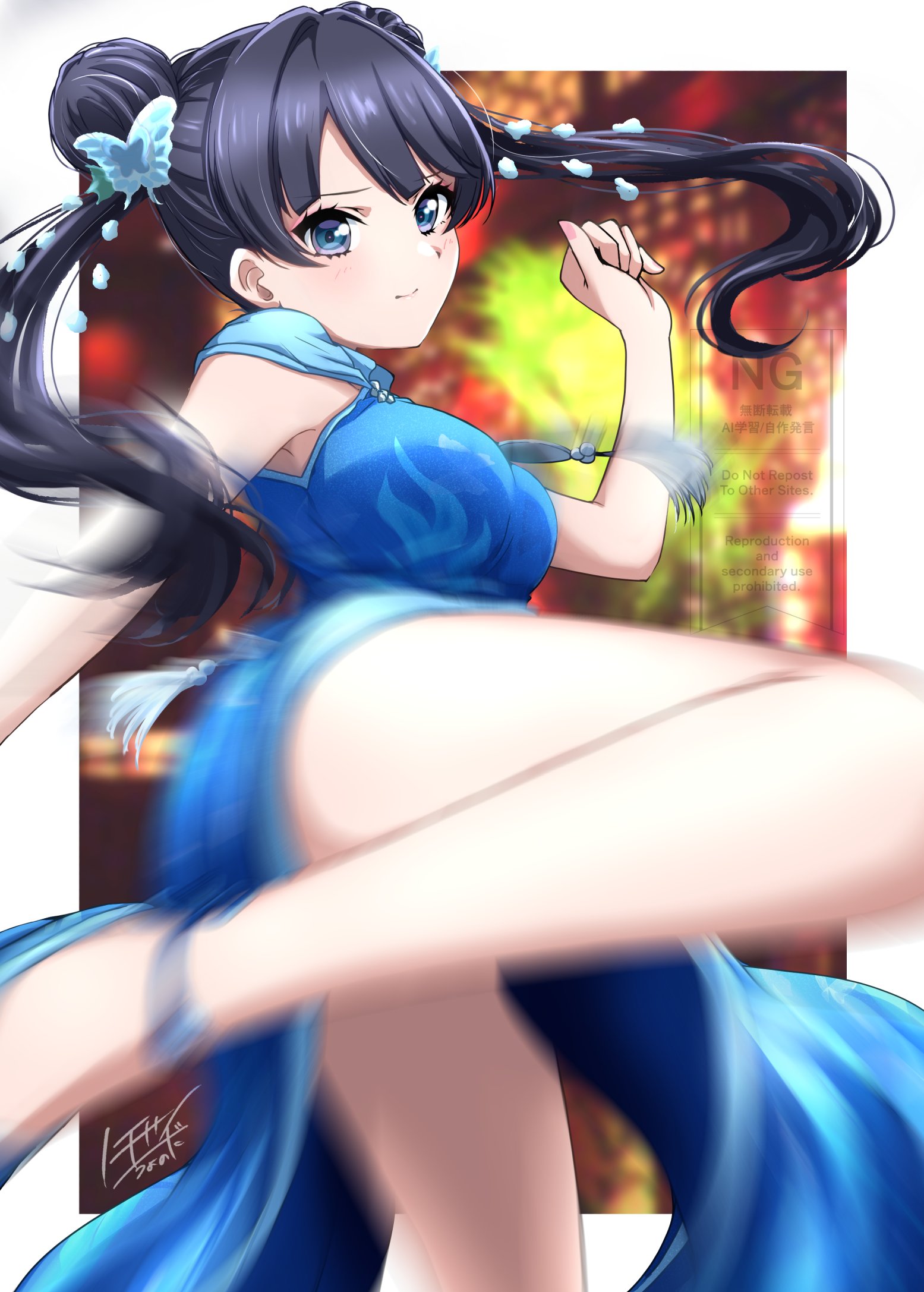 noochan chonoda, murano sayaka, link! like! love live!, love live!, commentary request, highres, 1girl, alternate breast size (larger), armpit crease, black hair, blue dress, blue eyes, blue shoes, blurry, blurry background, blush, breasts, butterfly hair ornament, china dress, chinese clothes, closed mouth, convenient leg, double bun, dress, hair bun, hair ornament, incoming kick, large breasts, long hair, looking at viewer, official alternate costume, shiren koto no tora (love live!), shoes, side slit, sleeveless, sleeveless dress, solo, tassel, twintails, virtual youtuber, watermark