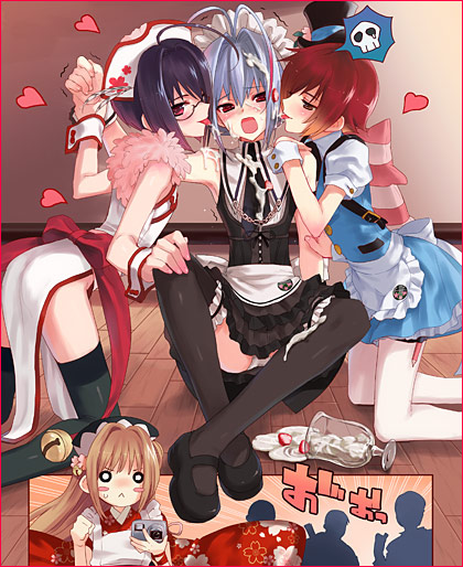 kasukabe akira, nao (otosuki), rio (otosuki), tomo (otosuki), yuki (otosuki), otoko no ko wa meido fuku ga osuki!?, black legwear, white legwear, 4boys, bell, black hair, blue hair, blush stickers, brown hair, camera, crossdressing, crossdressing (mtf), food, food on face, fruit, glass, glasses, heart, kneeling, licking, long hair, male focus, multiple boys, o o, open mouth, panties, pantyhose, pantyshot, parfait, red eyes, red hair, short hair, sitting, strawberry, thighhighs, tongue, tongue out, trap, trap on trap, underwear, white panties, wrist cuffs