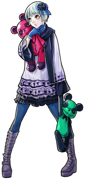 hiroaki (kof), penny (advance wars), advance wars, advance wars: days of ruin, official art, 1girl, boots, female focus, gloves, green hair, pantyhose, scarf, solo, stuffed animal, stuffed toy, teddy bear, yellow eyes