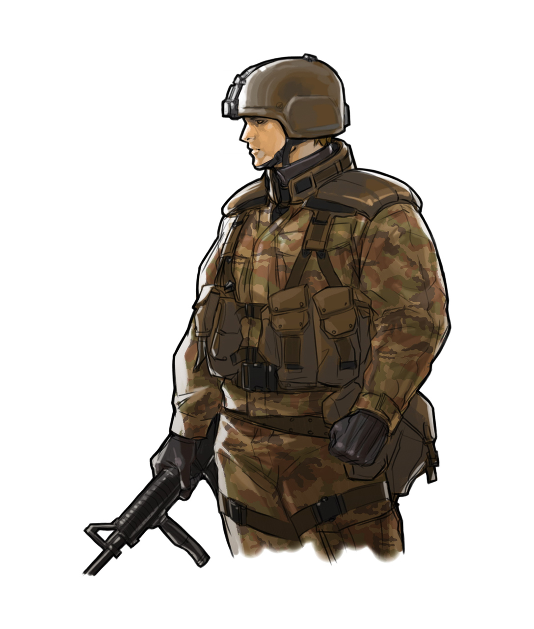 hiroaki (kof), advance wars, uniform, highres, official art, 1boy, gun, male focus, soldier, solo, weapon