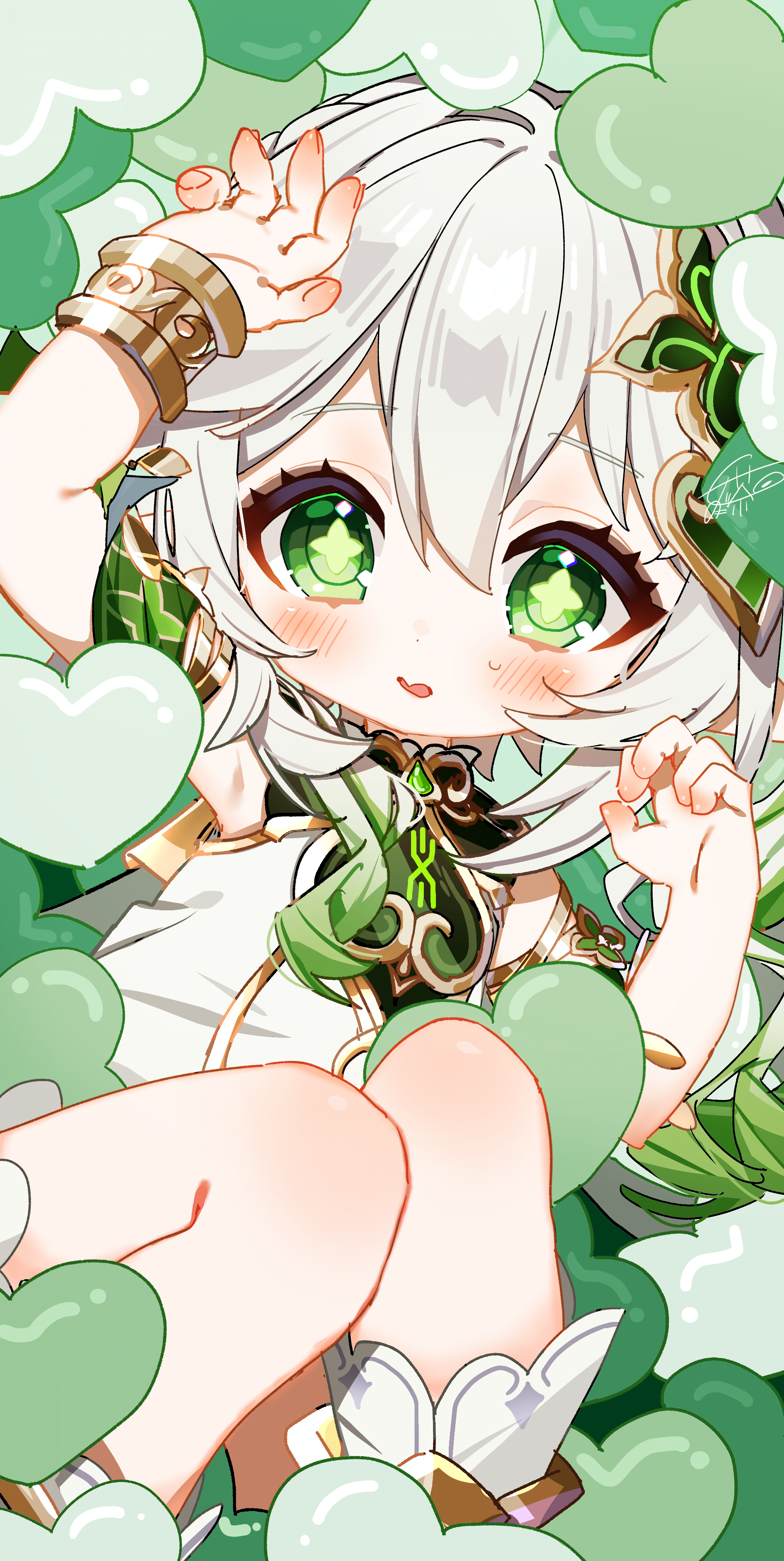meda cha, nahida (genshin impact), genshin impact, absurdres, commentary request, highres, 1girl, black nails, blush, bracelet, fingernails, gold trim, green eyes, green hair, hair between eyes, hands up, jewelry, long hair, looking at viewer, multicolored hair, parted lips, signature, sleeveless, solo, star-shaped pupils, star (symbol), symbol-shaped pupils, white hair