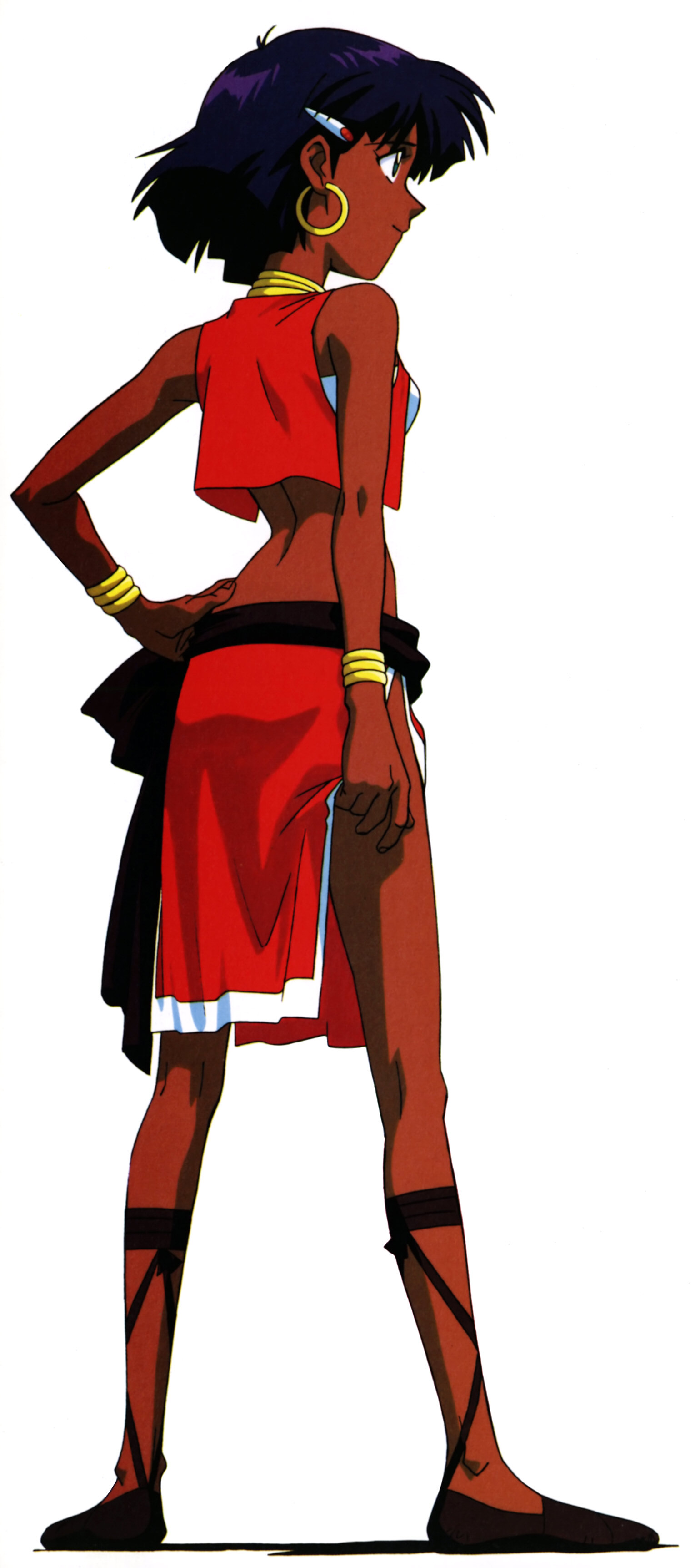west, nadia la arwall, fushigi no umi no nadia, cross-laced footwear, absurdres, highres, official art, 1990s (style), 1girl, bandeau, bracelet, dark-skinned female, dark skin, earrings, female focus, green eyes, jewelry, loincloth, neck ring, pelvic curtain, purple hair, retro artstyle, sandals, short hair, solo, strapless, tube top, vest