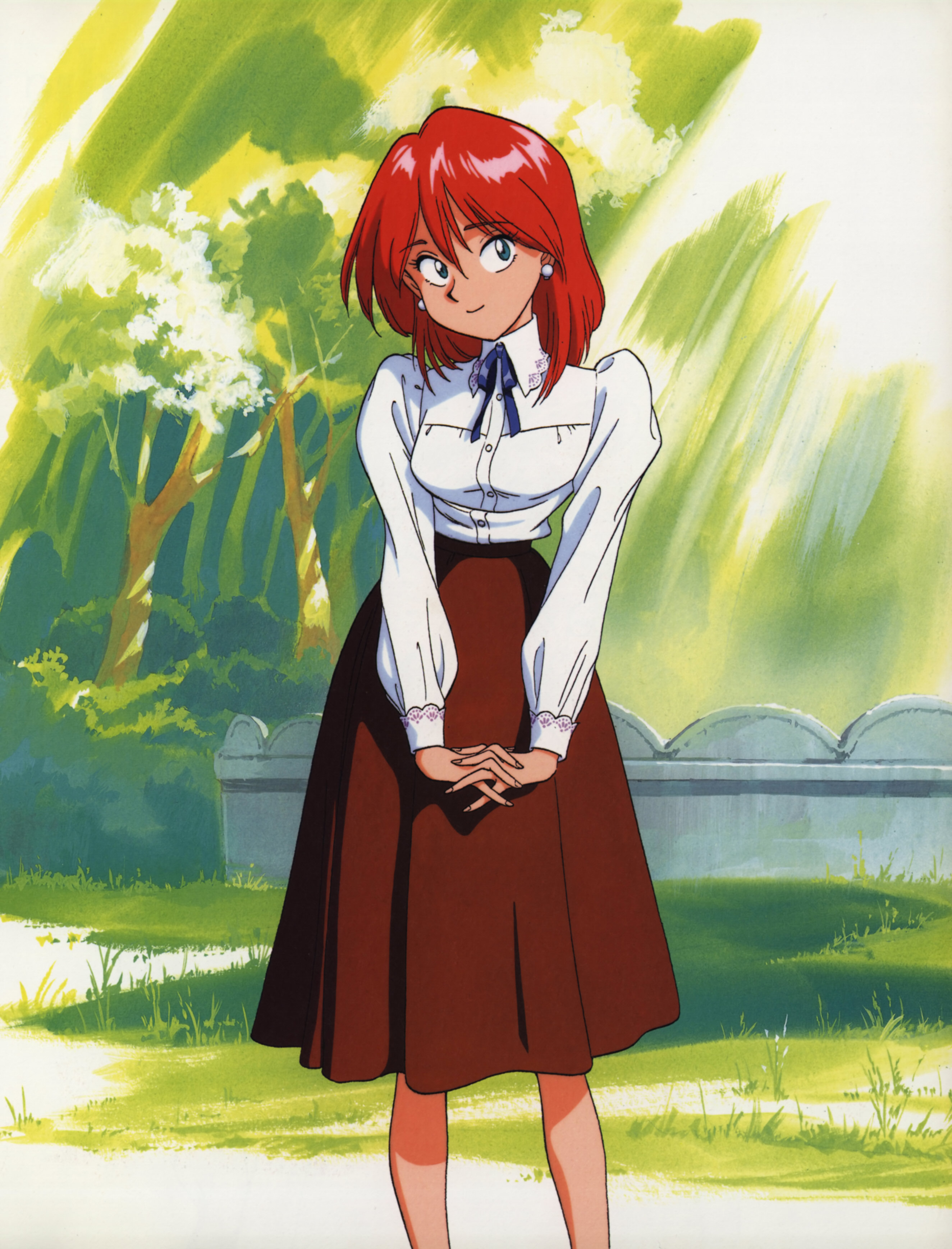 grandis granva, fushigi no umi no nadia, absurdres, highres, official art, 1990s (style), 1girl, aged down, blouse, blue eyes, dress shirt, earrings, female focus, frills, grass, high-waist skirt, jewelry, long sleeves, neck ribbon, puffy sleeves, red hair, retro artstyle, ribbon, shirt, skirt, solo