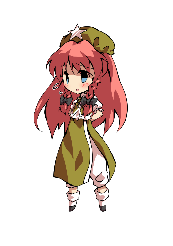 dairi, hong meiling, touhou, commentary request, large variant set, variant set, 1girl, arms behind back, black bow, black shoes, bow, braid, chibi, chibi only, chinese clothes, full body, green hat, green vest, hair bow, hat, long hair, pants, puffy short sleeves, puffy sleeves, shirt, shoes, short sleeves, socks, solo, star (symbol), tachi-e, transparent background, twin braids, vest, white pants, white shirt, white socks