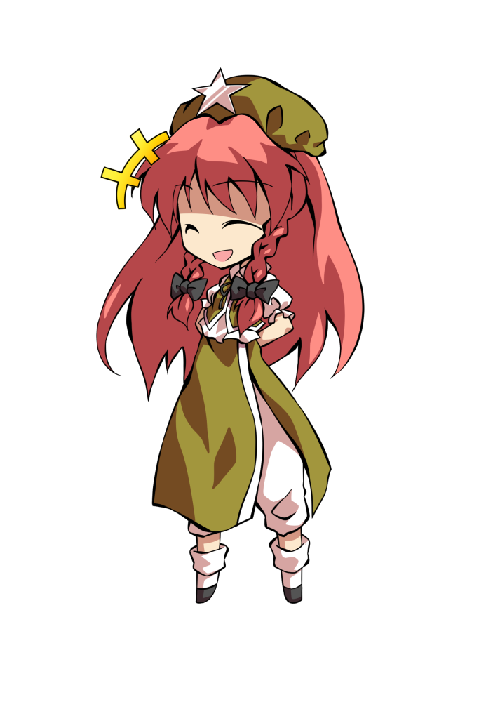 dairi, hong meiling, touhou, commentary request, large variant set, variant set, 1girl, arms behind back, black bow, black shoes, bow, braid, chibi, chibi only, chinese clothes, full body, green hat, green vest, hair bow, hat, long hair, pants, puffy short sleeves, puffy sleeves, shirt, shoes, short sleeves, socks, solo, star (symbol), tachi-e, transparent background, twin braids, vest, white pants, white shirt, white socks