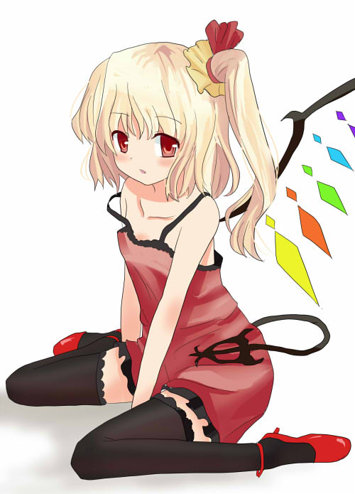 hyakuen raitaa, flandre scarlet, touhou, bad id, bad pixiv id, jpeg artifacts, 1girl, alternate costume, black thighhighs, blonde hair, dress, female focus, full body, high heels, ponytail, shoes, short hair, side ponytail, solo, strap slip, thighhighs, white background, wings, zettai ryouiki