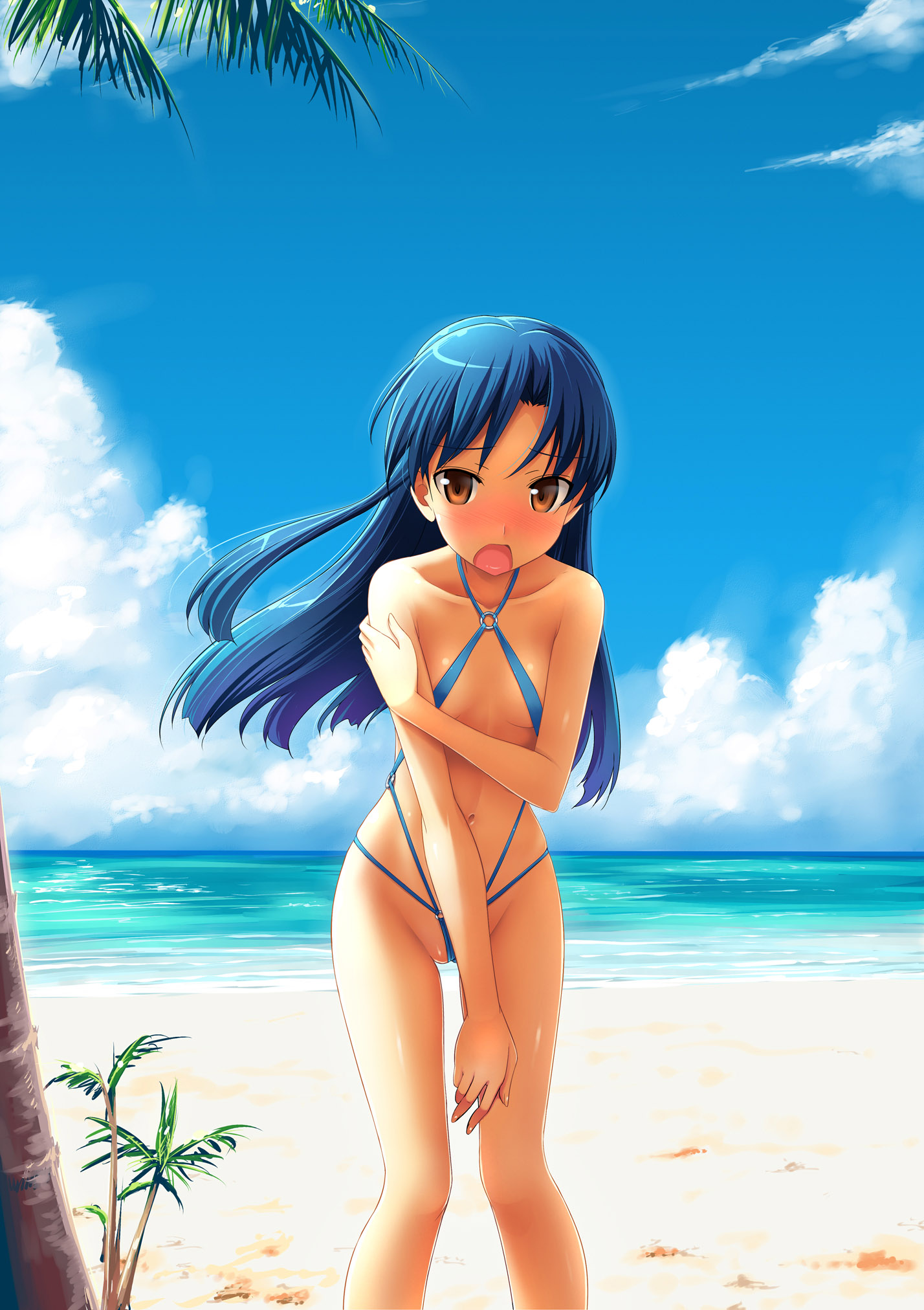 takayaki, kisaragi chihaya, idolmaster, idolmaster (classic), highres, 00s, 1girl, beach, bikini, blue hair, blush, brown eyes, cloud, covering privates, day, embarrassed, female focus, flat chest, leaning forward, long hair, micro bikini, navel, open mouth, outdoors, palm tree, partially visible vulva, pretzel bikini, skindentation, sky, slingshot swimsuit, solo, standing, swimsuit, thigh gap, thighs, tree, water