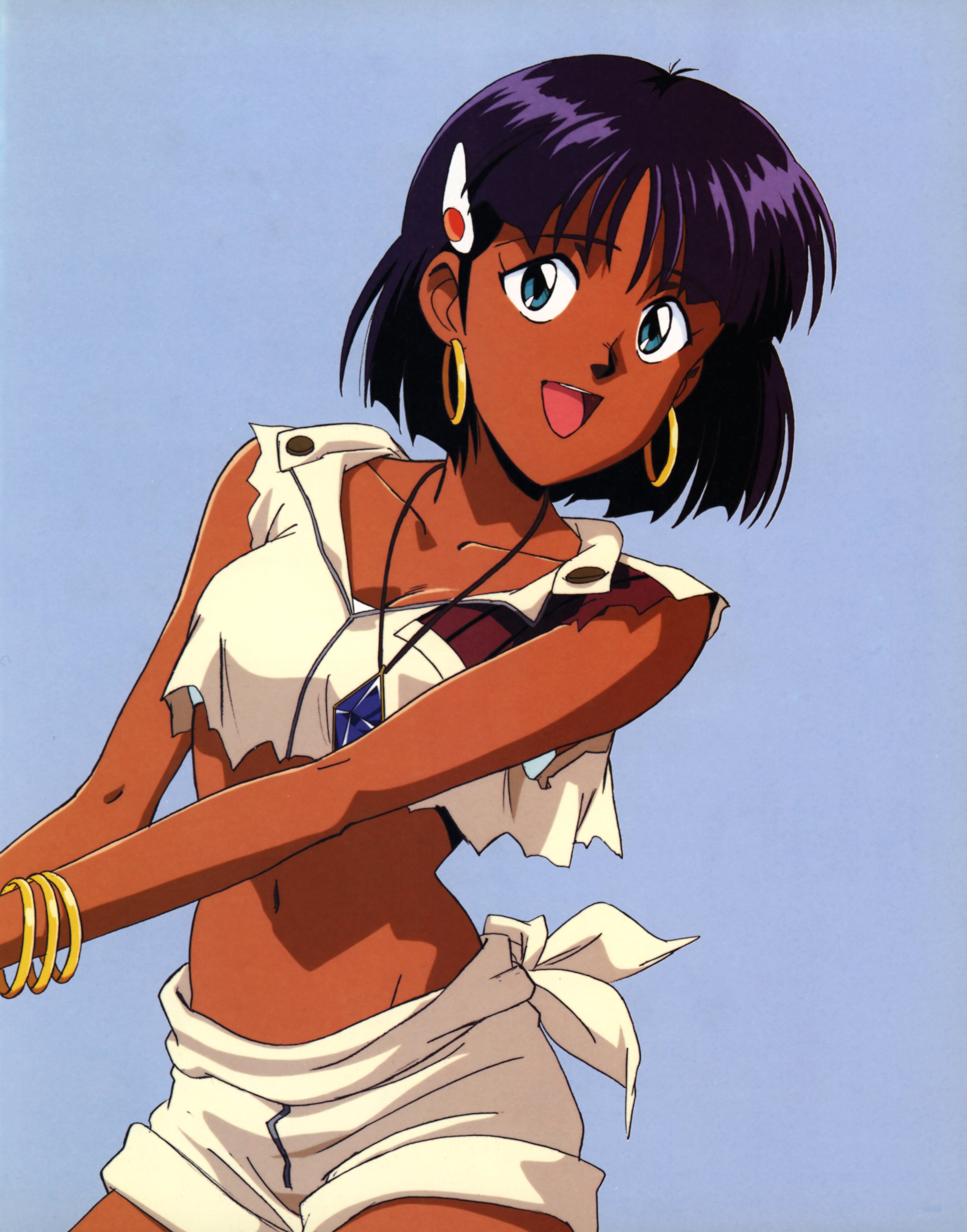 west, nadia la arwall, fushigi no umi no nadia, absurdres, highres, official art, 1990s (style), 1girl, bandeau, bob cut, bracelet, dark-skinned female, dark skin, earrings, female focus, hair ornament, hairclip, jewelry, navel, purple hair, retro artstyle, short hair, shorts, solo, strapless, tube top, vest
