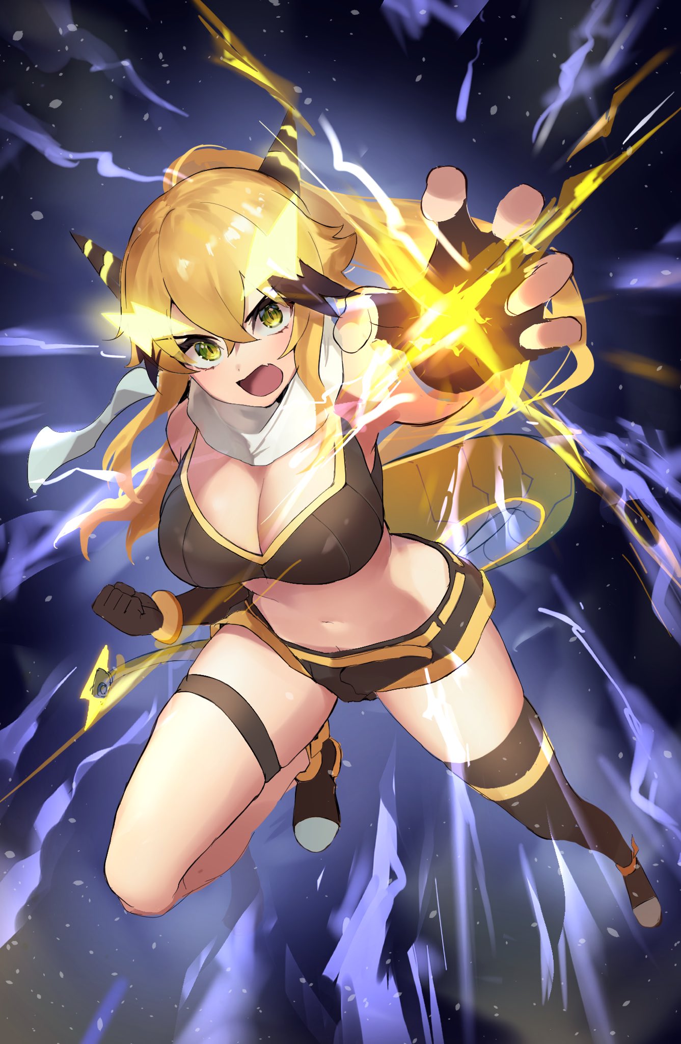 rin-1126, san-chan, raisei no ryu tsukai, highres, 1girl, blonde hair, borrowed character, breasts, cleavage, crossed bangs, dragon girl, dragon horns, dragon tail, dragon wings, fingerless gloves, gloves, hair ornament, horns, large breasts, lightning bolt, lightning bolt hair ornament, lightning bolt symbol, pointy ears, ponytail, ribbed tank top, short shorts, shorts, sports bra, tail, taped arms, wings