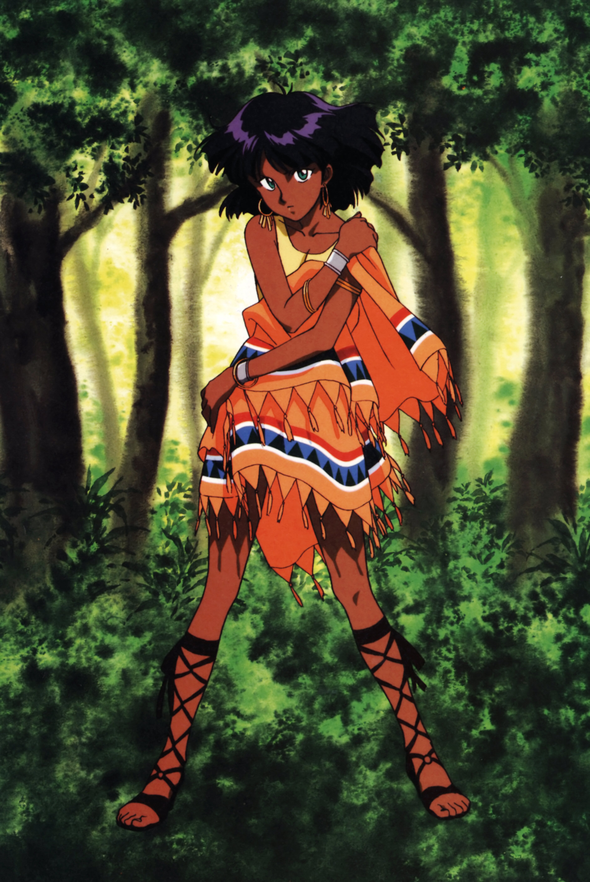 nadia la arwall, fushigi no umi no nadia, cross-laced footwear, absurdres, highres, official art, 1990s (style), 1girl, dark-skinned female, dark skin, dress, earrings, female focus, forest, full body, gladiator sandals, green eyes, jewelry, nature, outdoors, plant, purple hair, retro artstyle, sandals, short hair, solo, toes