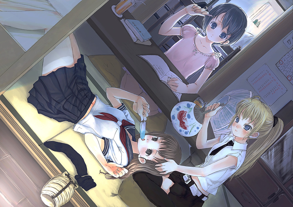 mikazukimo, original, 3girls, blonde hair, blue eyes, blue hair, brown eyes, brown hair, dutch angle, electric fan, hand fan, homework, lap pillow, long hair, multiple girls, paper fan, ponytail, popsicle, school uniform, seiza, serafuku, short hair, sitting, thighhighs, uchiwa