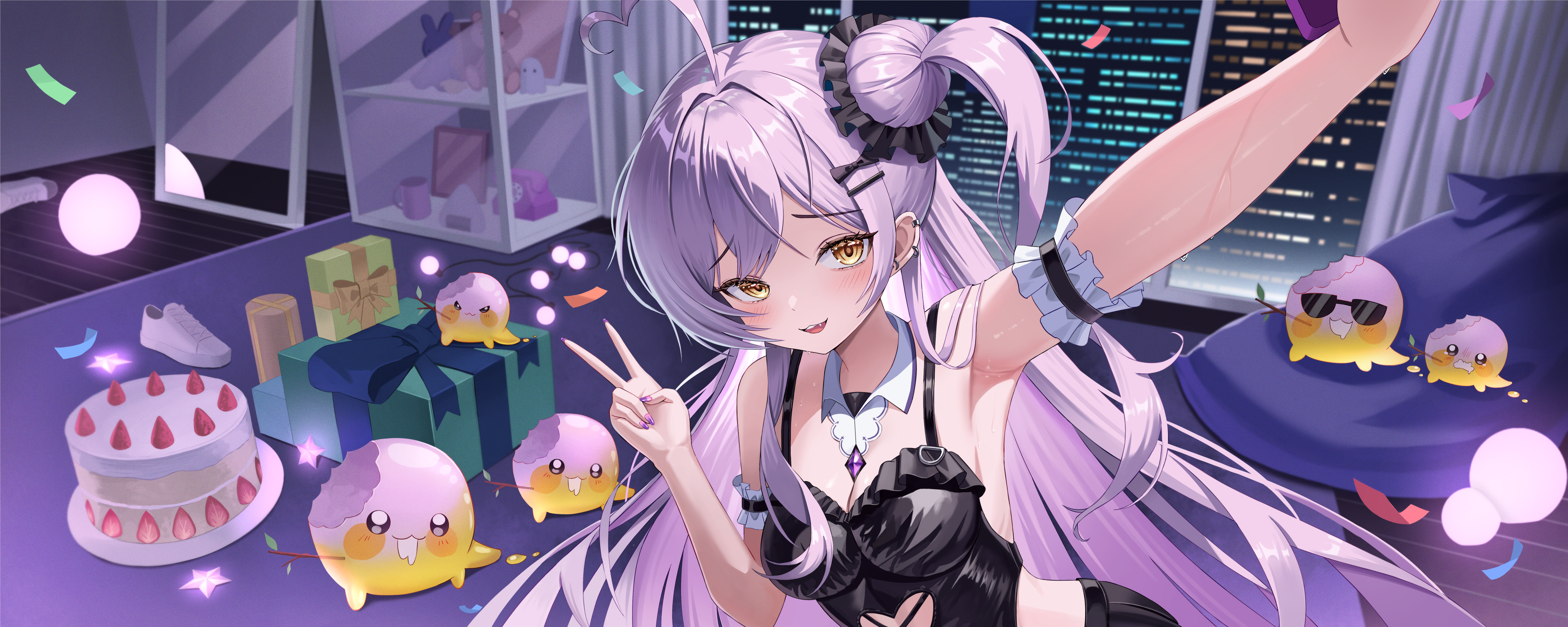 junma art, indie virtual youtuber, absurdres, commentary, commission, highres, 1girl, ahoge, arm garter, arm up, armpits, bare shoulders, black shirt, breasts, cake, clothing cutout, crop top, detached collar, food, hair bun, hair ribbon, hand up, heart, heart ahoge, heart cutout, indoors, long hair, looking at viewer, medium breasts, midriff, nail polish, one side up, open mouth, purple hair, purple nails, ranko (vtuber), ribbon, shirt, single side bun, sleeveless, sleeveless shirt, smile, solo, sweat, upper body, v, very long hair, virtual youtuber, yellow eyes