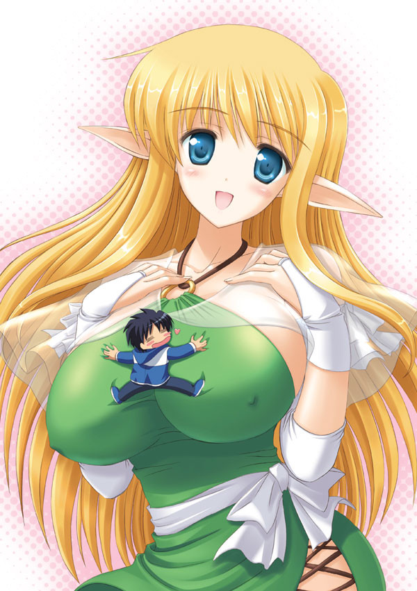 kishi nisen, hiraga saito, tiffania westwood, zero no tsukaima, 00s, 1boy, 1girl, :d, blonde hair, blue eyes, blush, breasts, bridal gauntlets, elf, giant, giantess, halterneck, huge breasts, long hair, mini person, miniboy, open mouth, pointy ears, smile