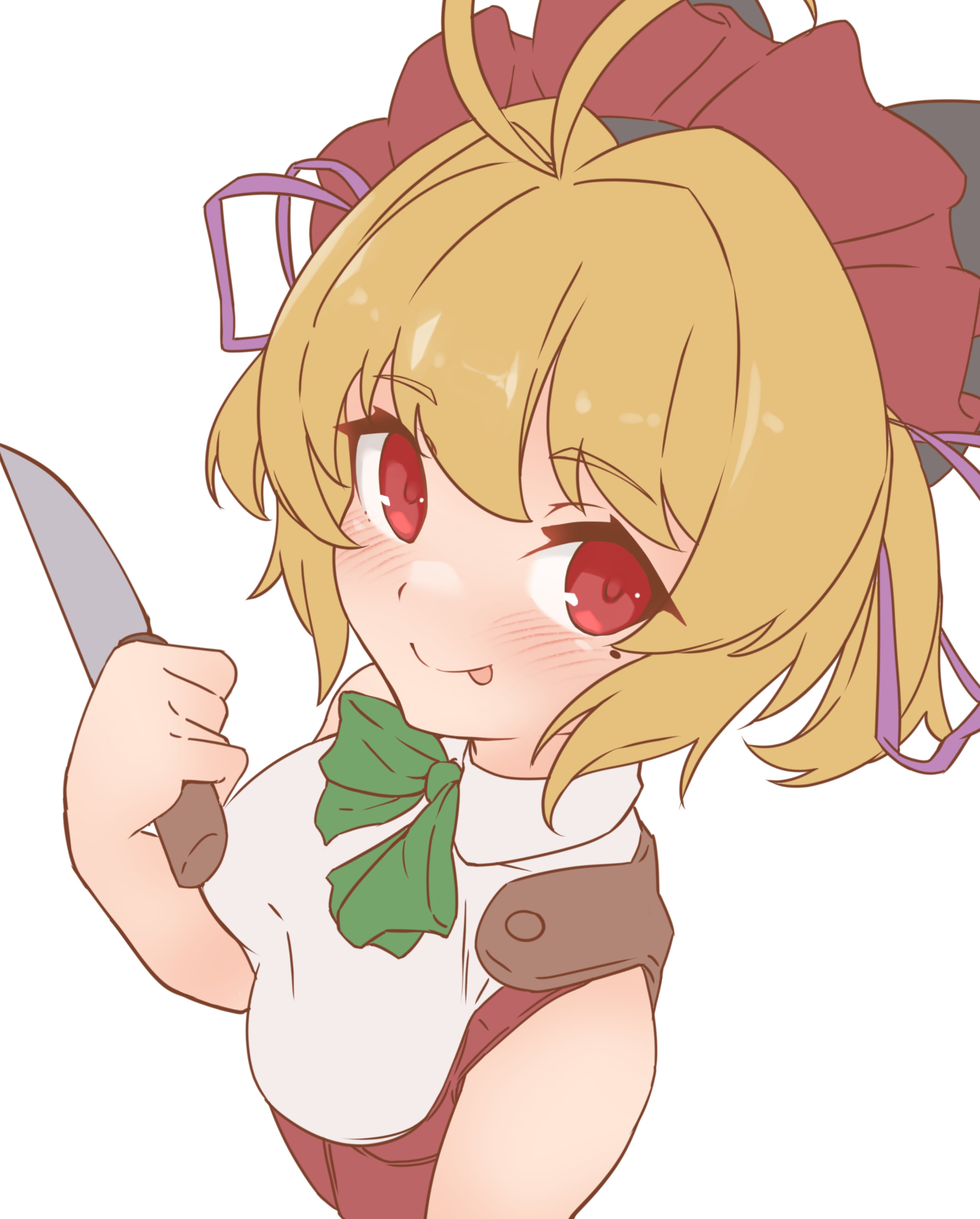 silver-index, emil chronicle online, absurdres, highres, 1girl, :p, antenna hair, blonde hair, bow, dress, frilled hairband, frills, from above, from side, green ribbon, hair bow, hairband, holding, holding knife, kitchen knife, knife, neck ribbon, purple bow, red dress, red eyes, red hairband, ribbon, shirt, short twintails, sleeveless, sleeveless dress, solo, tentacle alma, tongue, tongue out, twintails, upper body, white background, white shirt