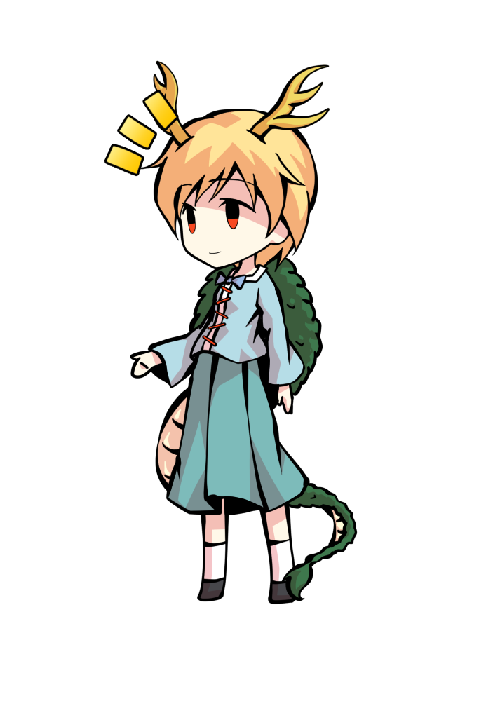 dairi, kicchou yachie, touhou, commentary request, large variant set, variant set, 1girl, antlers, aqua skirt, black shoes, blonde hair, blue shirt, chibi, chibi only, dragon girl, dragon tail, full body, horns, shirt, shoes, short hair, skirt, socks, solo, standing, tachi-e, tail, transparent background, white socks