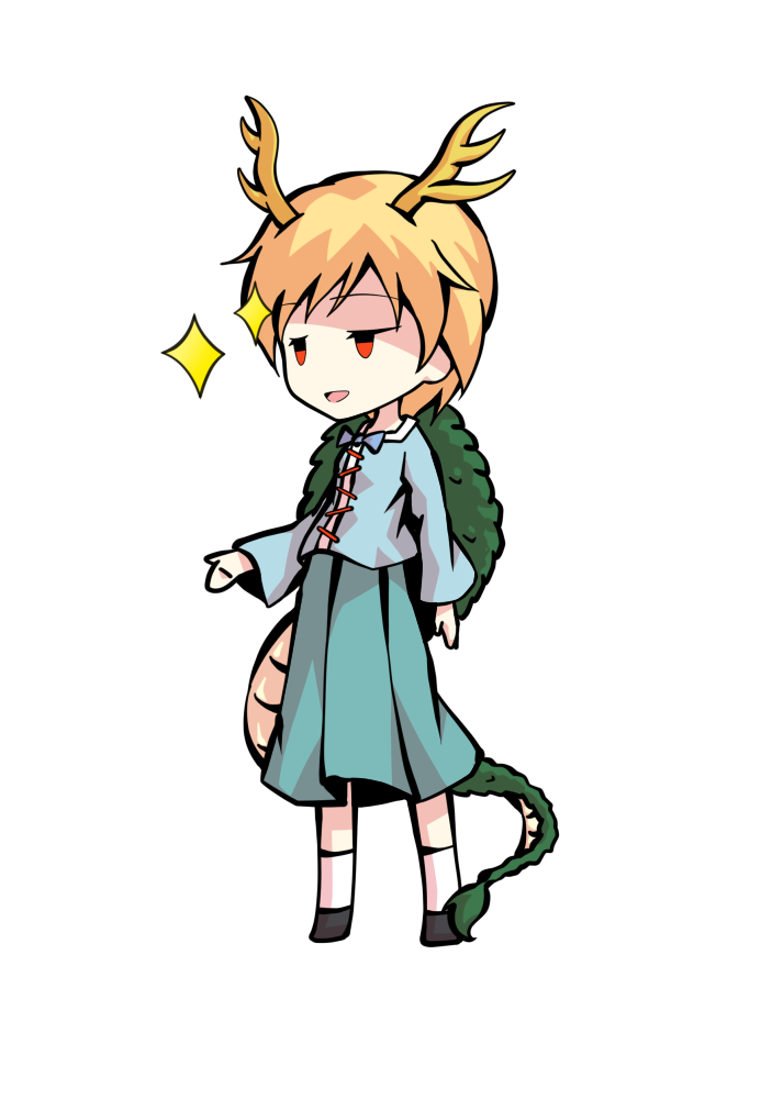 dairi, kicchou yachie, touhou, commentary request, large variant set, variant set, 1girl, antlers, aqua skirt, black shoes, blonde hair, blue shirt, chibi, chibi only, dragon girl, dragon tail, full body, horns, shirt, shoes, short hair, skirt, socks, solo, standing, tachi-e, tail, transparent background, white socks